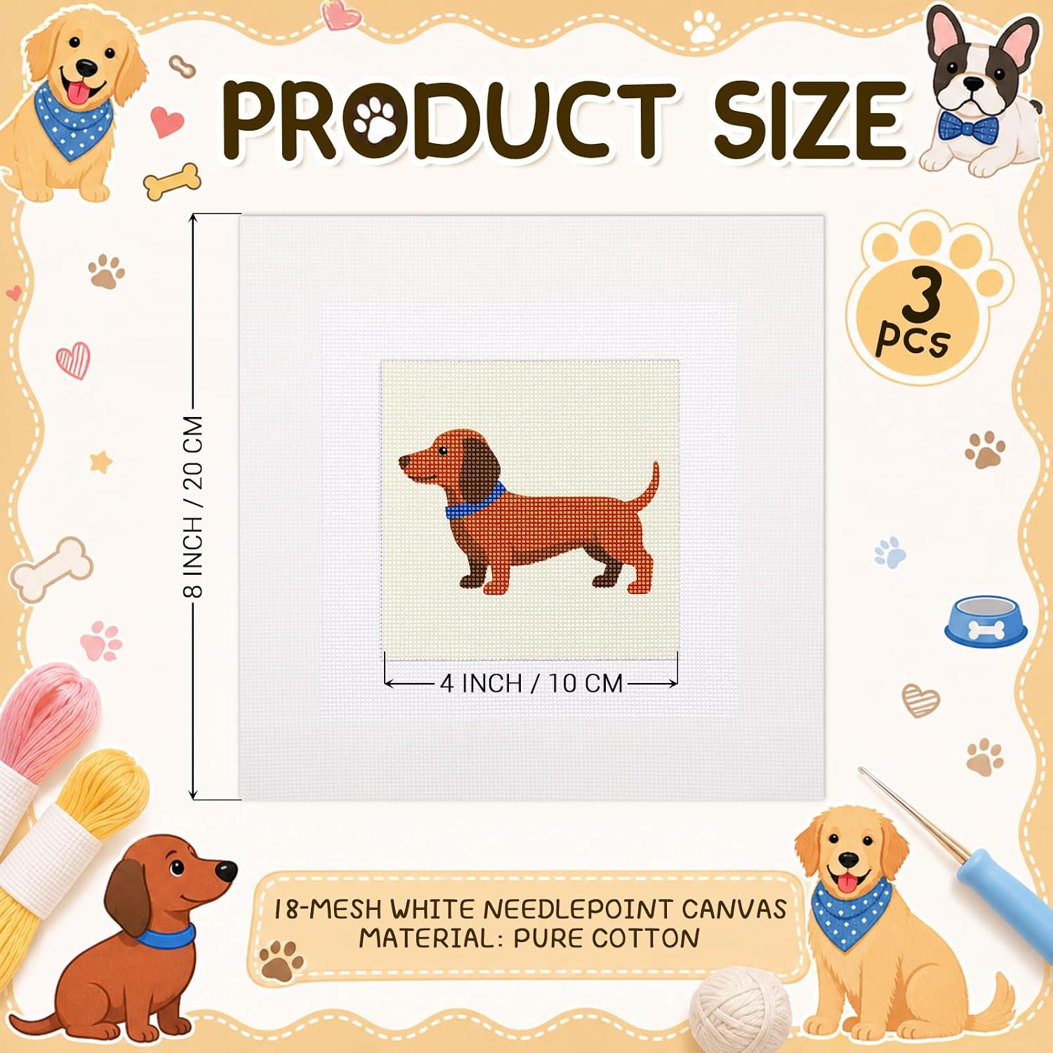 3 Pcs 18 Mesh Dog Needlepoint Canvas with Tape, 8" x 8"