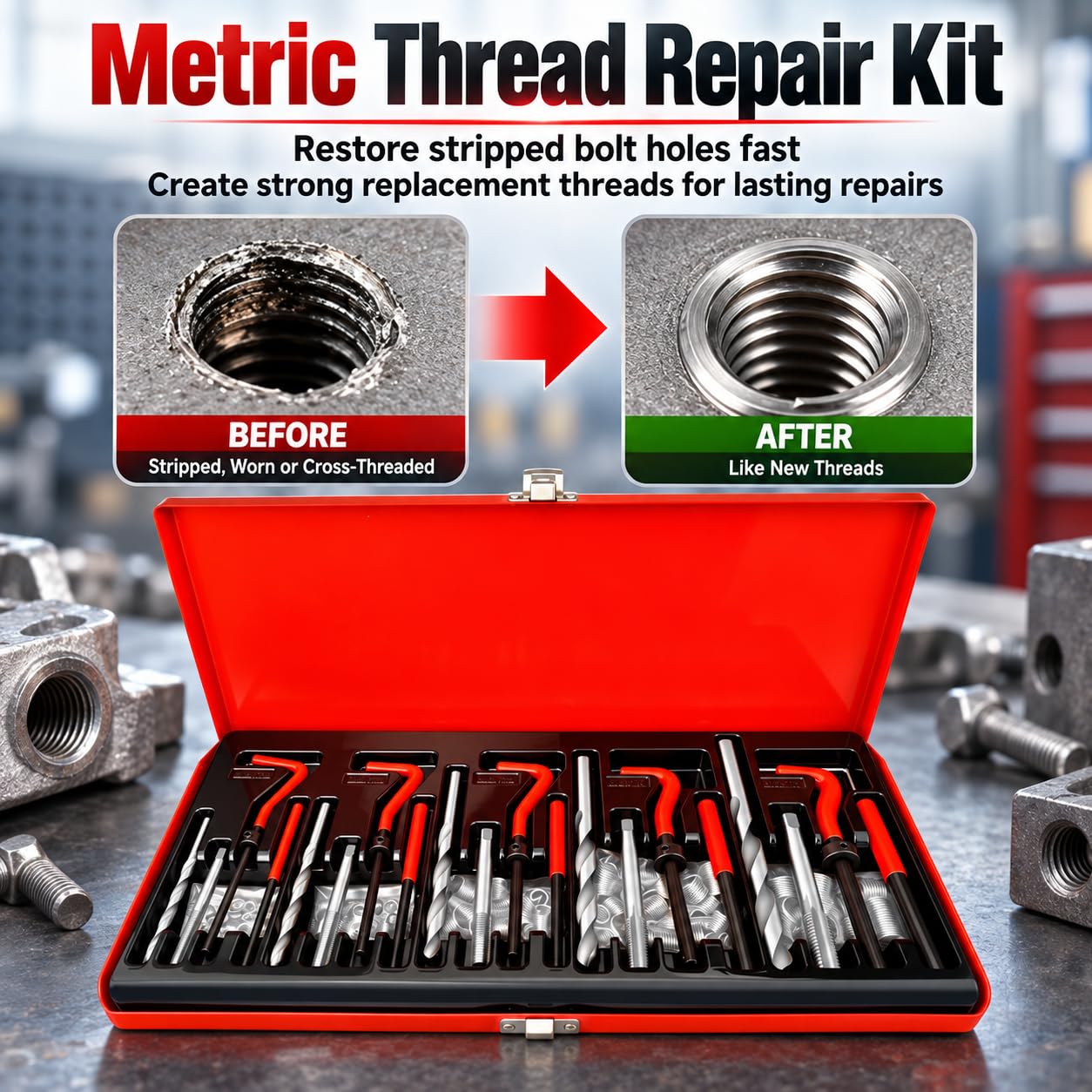 Kit reparación roscas métricas 131 Piezas, tamaños métricos 5 6 8 10 y 12