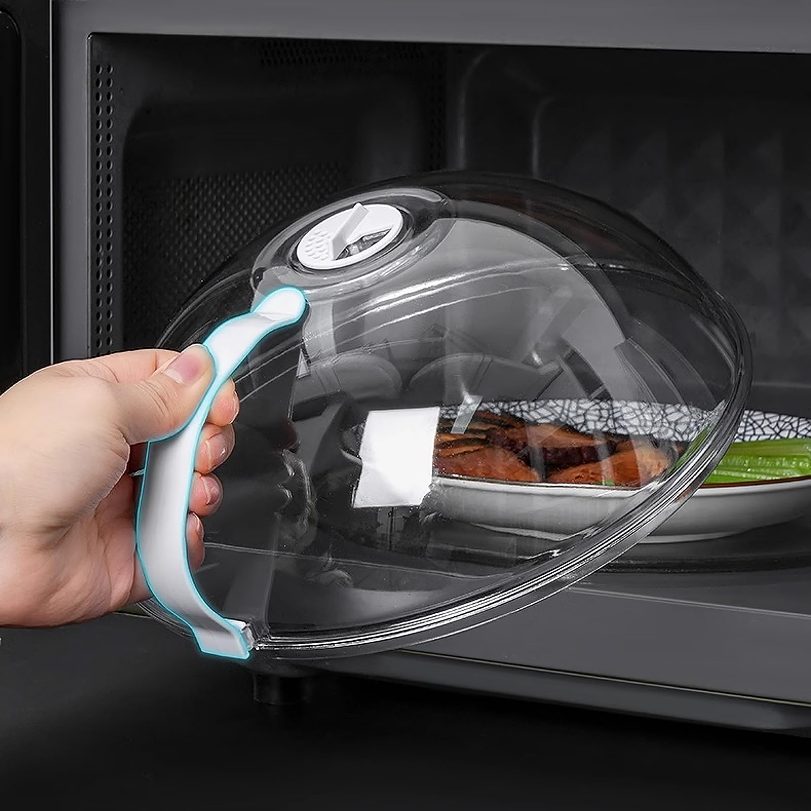 Cubierta para microondas, sin BPA, cubierta para microondas con asa, resistente al calor hasta 200 °C, protección contra salpicaduras para microondas, fácil limpieza