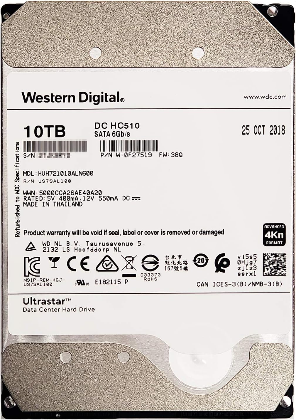 HGST Ultrastar HE10 10TB Festplatte interno HUH721010ALN600 3,5 Zoll HDD SATA 6Gb/s 7200 RPM 24/7 (ricondizionato)