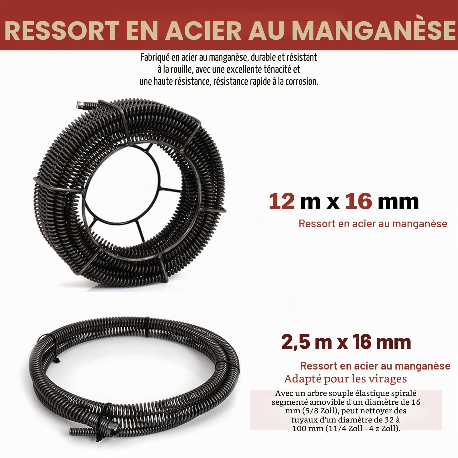 XIIW Kit Déboucheur de Canalisations 450 tr/min - Furet Électrique 390W 3 Spirales (12m/10m/2,5m) - Rotation Avant/Arrière - Pour Déboucher et Nettoyer les Tuyaux Ø20-100mm