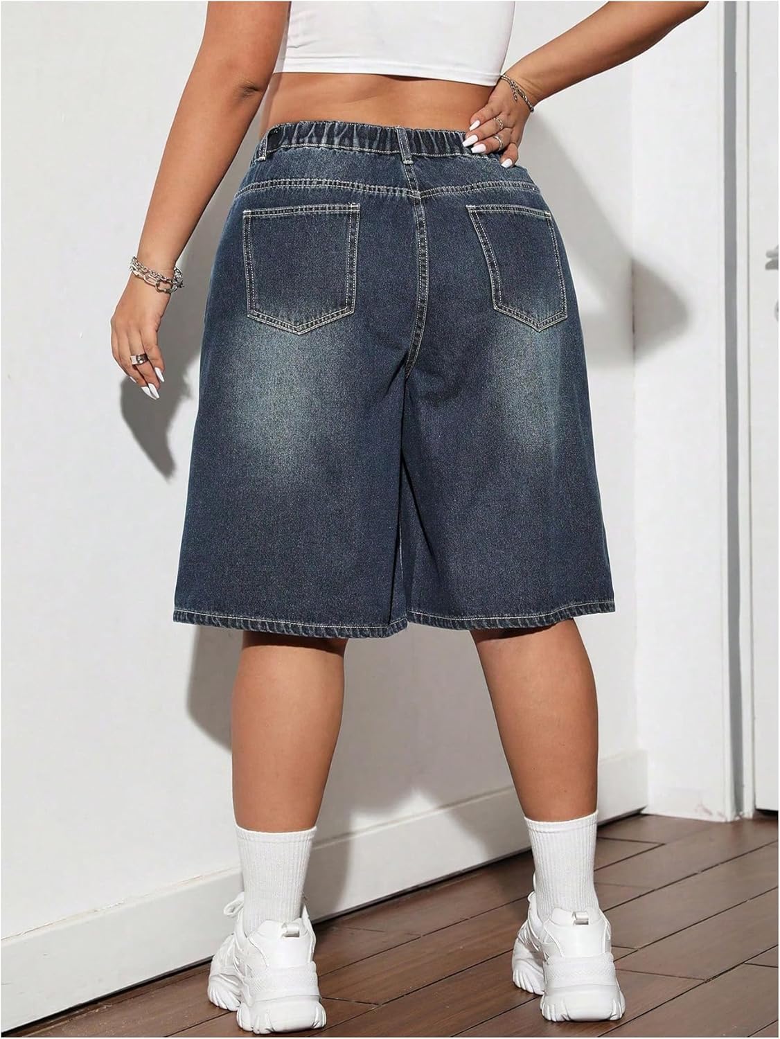 WDIRARA Women's Plus Size Bermuda Denim Shorts High Waisted Wide Leg Baggy Jean Shorts