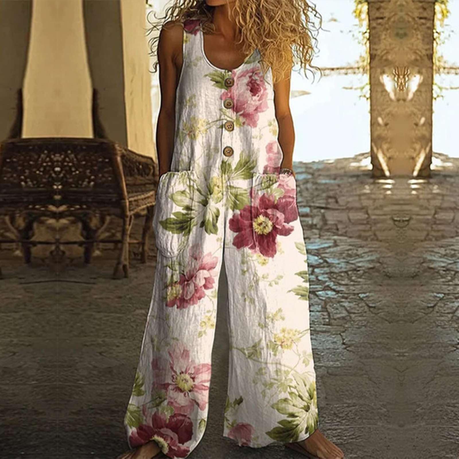 Salopette Donna Estiva Overall in Lino 2026 Tuta Intera Boho Chic Elegante Stampa Pantaloni Gamba Larga Jumpsuit Baggy Mare e Vacanza Vintage Curvy Taglie Forti con Tasche Comoda