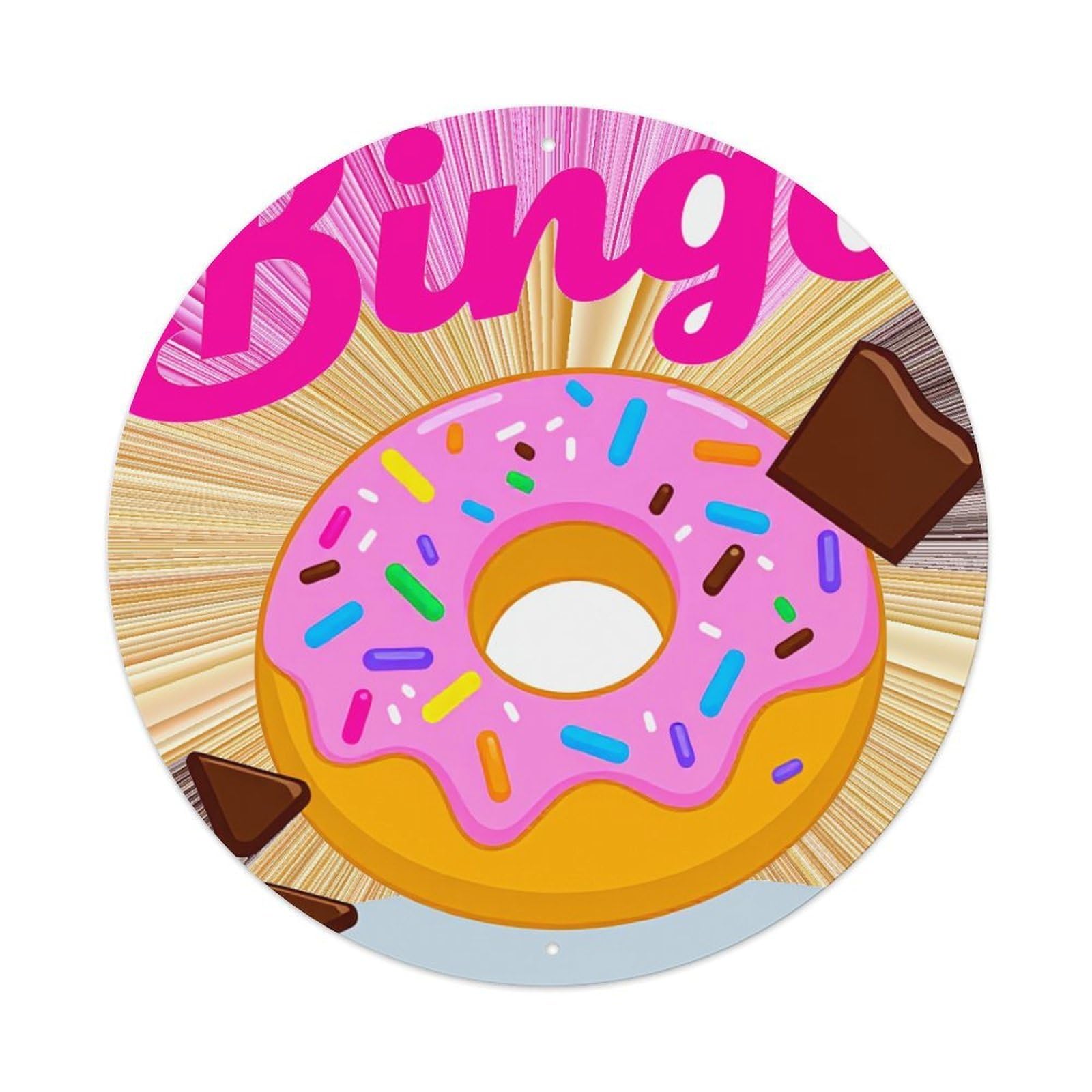 Bingo Donut Pink Sprinkles Chocolate Round Tin Sign Retro Metal Sign for Cafe Bar Pub Home Game Room Gym Club Wall Decoration Vintage Metal Poster 8x8 Inch