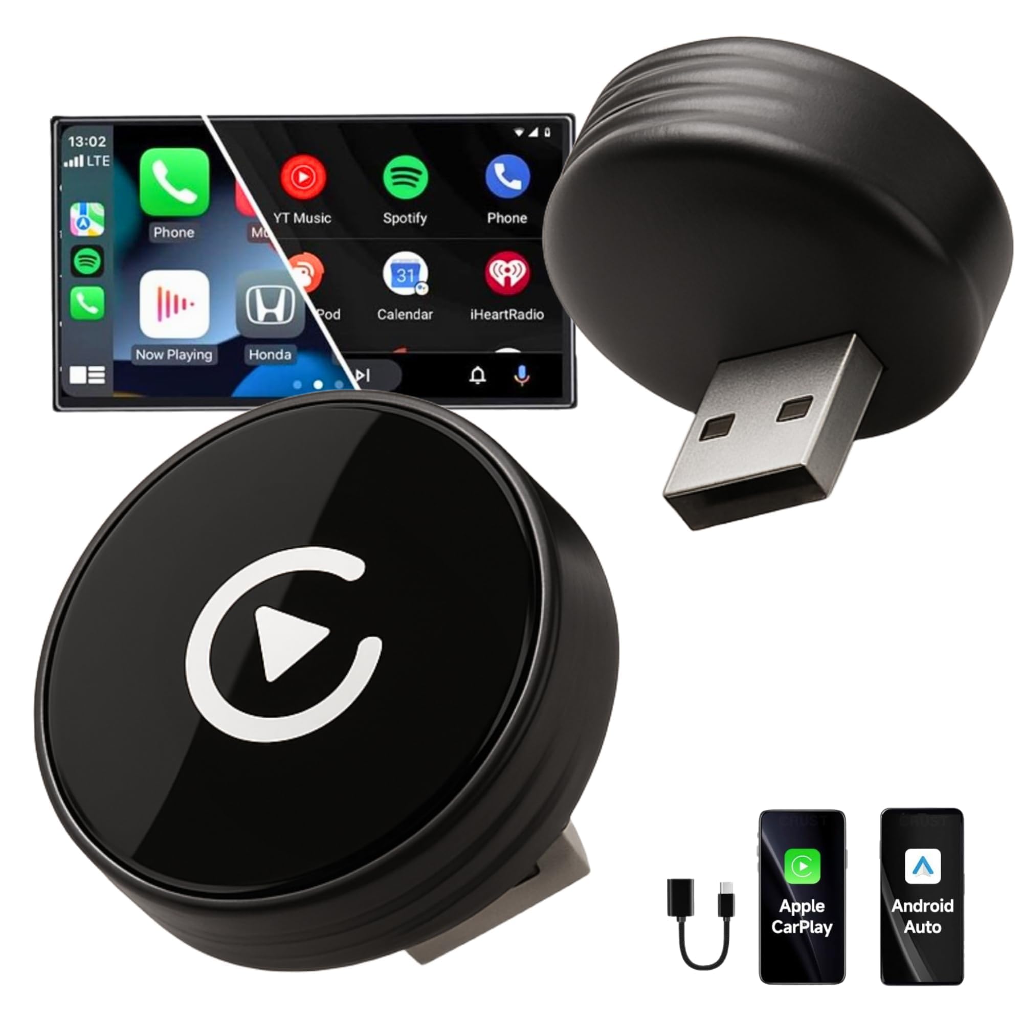 Carlizem Wireless Android Auto & Carplay Adapter Cortex A7 Pro Processor| Quick Connection & Auto Reconnect | Bluetooth 5.4 & 5.8Ghz WiFi| Wired to Wireless High Performance | Easy to Use & Setup