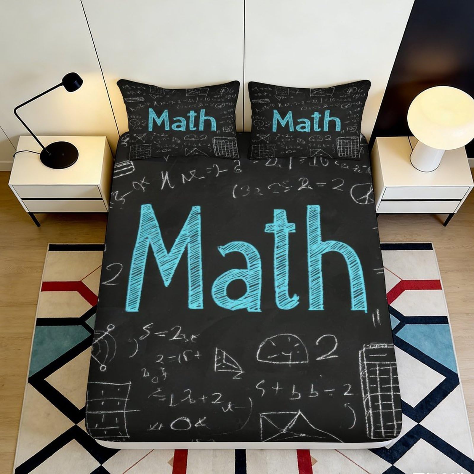 3D Printed Math Blackboard Fitted Sheet Microfiber Non-Slip Deep Pocket Math Formula Mattress Fitted Cover for Bedroom 140x200x25cm
