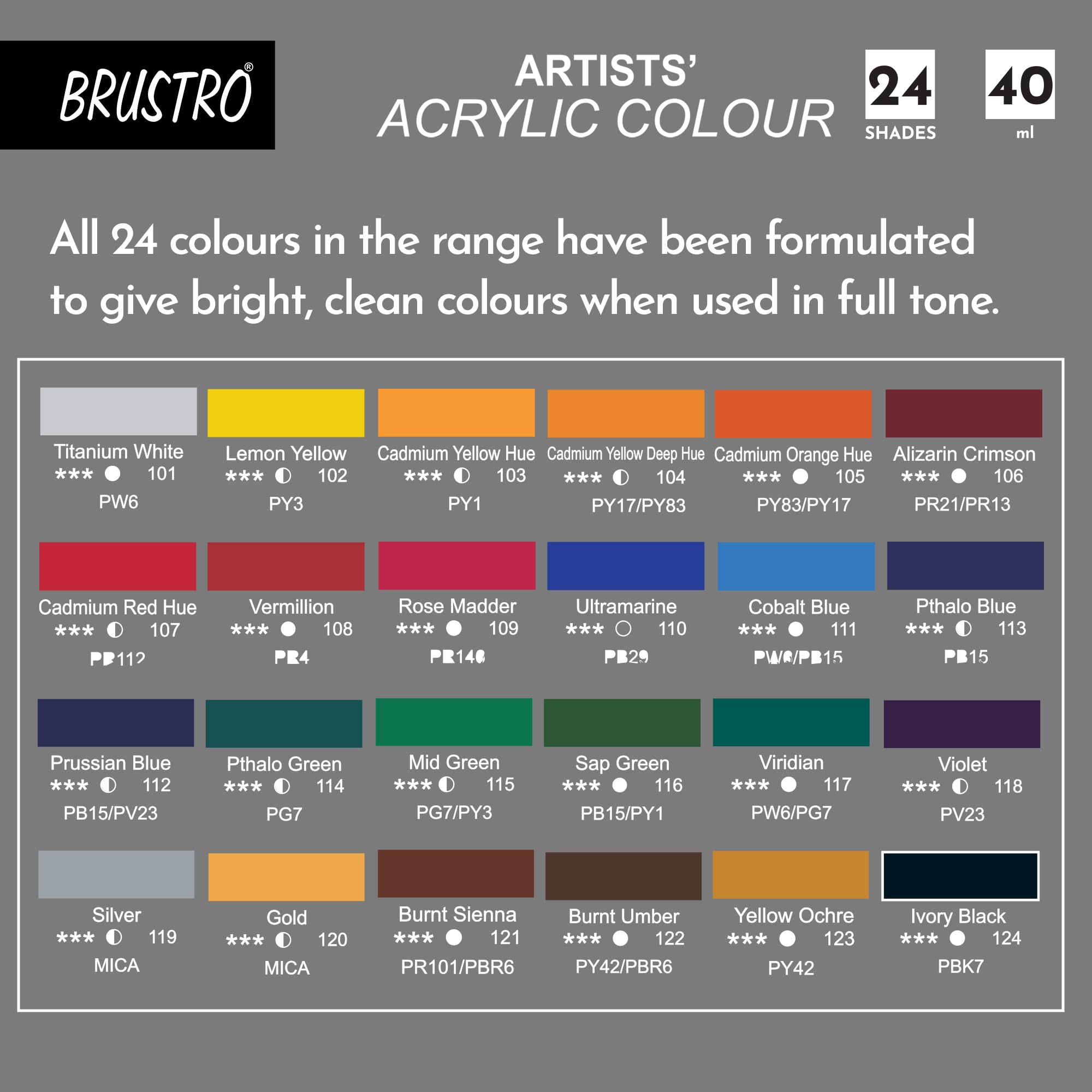 BRUSTRO Künstler-Acrylfarbe, Set mit 24 Stück, 40 ml Farbtuben, lebendige Farbtöne, weicher Körper, auf Wasserbasis, ungiftig, miteinander mischbar, ideal für Papier, Leinwand, Karton, Kunststudenten,