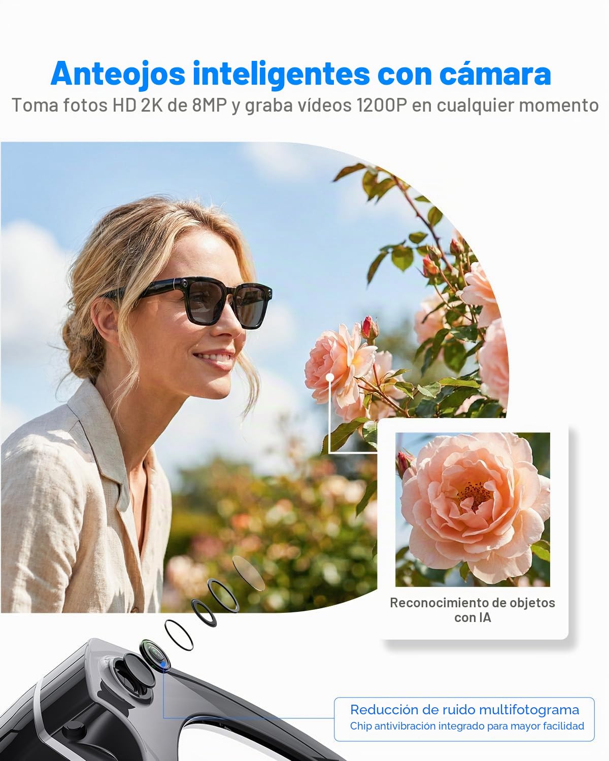 Gafas Inteligentes 2026 Con Cámara y Bluetooth, 8 Mpx, 32 GB, HD 1200p, Con Funciones de Grabación de Fotos, Vídeo y Audio, Traducción en Tiempo Real, Asistente de Voz y Reconocimiento de Objetos