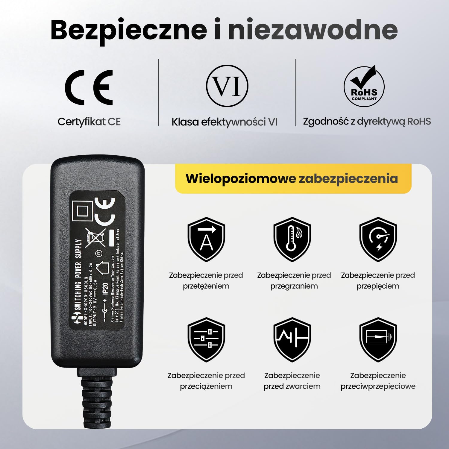 Adapter zasilacza 9 V 0,5 A 4,5 W 1,8 m, adapter przełączający AC-DC (wejście 100 – 240 V, wyjście 9 V 0,5 A), DC 9 V 5,5 x 2,1 mm, wtyczka transformatorowa do montażu na ścianie