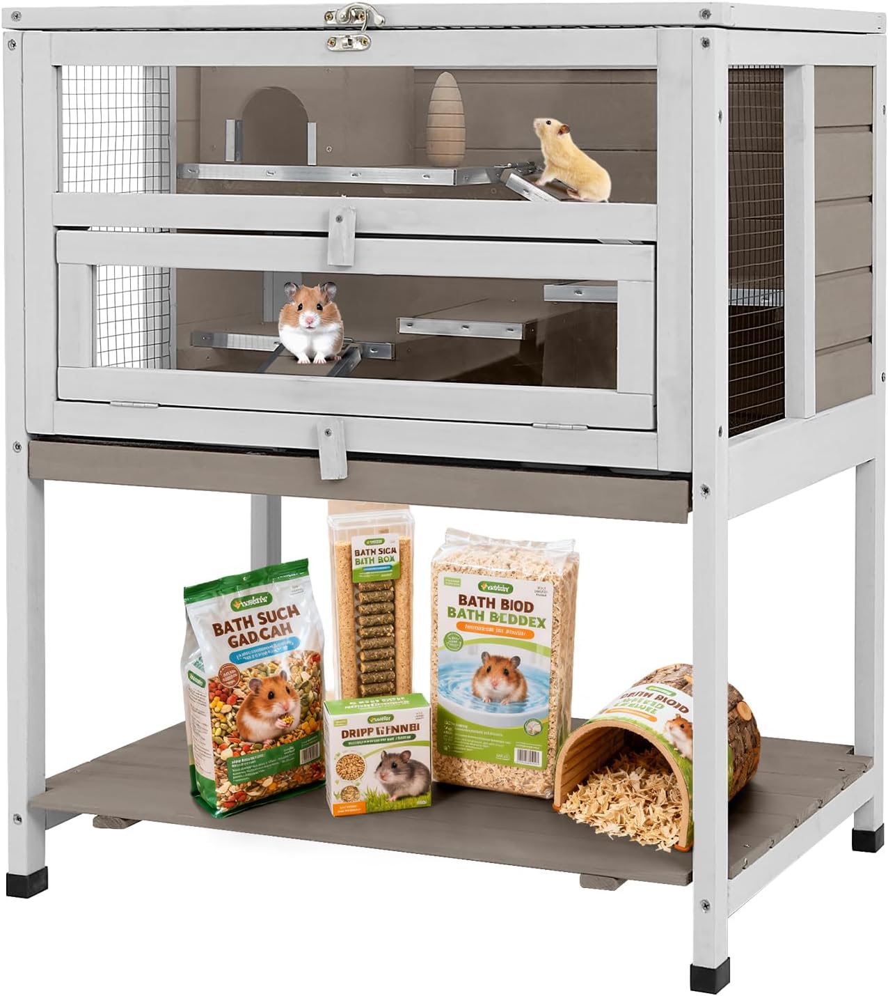 Multi-Platform Guinea Pig Cage Indoor, Wooden Ramp with Metal Chewproof Strips, Pull Out Tray, Storage Shelf, Easy Clean & Assembly, Ideal for Guinea Pig, Chinchilla, Hamster, Rat