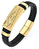 Cross Viking Skull Masonic Bracelet, Mens Leather 18K Gold/Rhodium Plated Stainless Steel Scorpion Owl Christian Bible Verse Military Hero Handcrafted Cuff Jewelry Gifts for Women