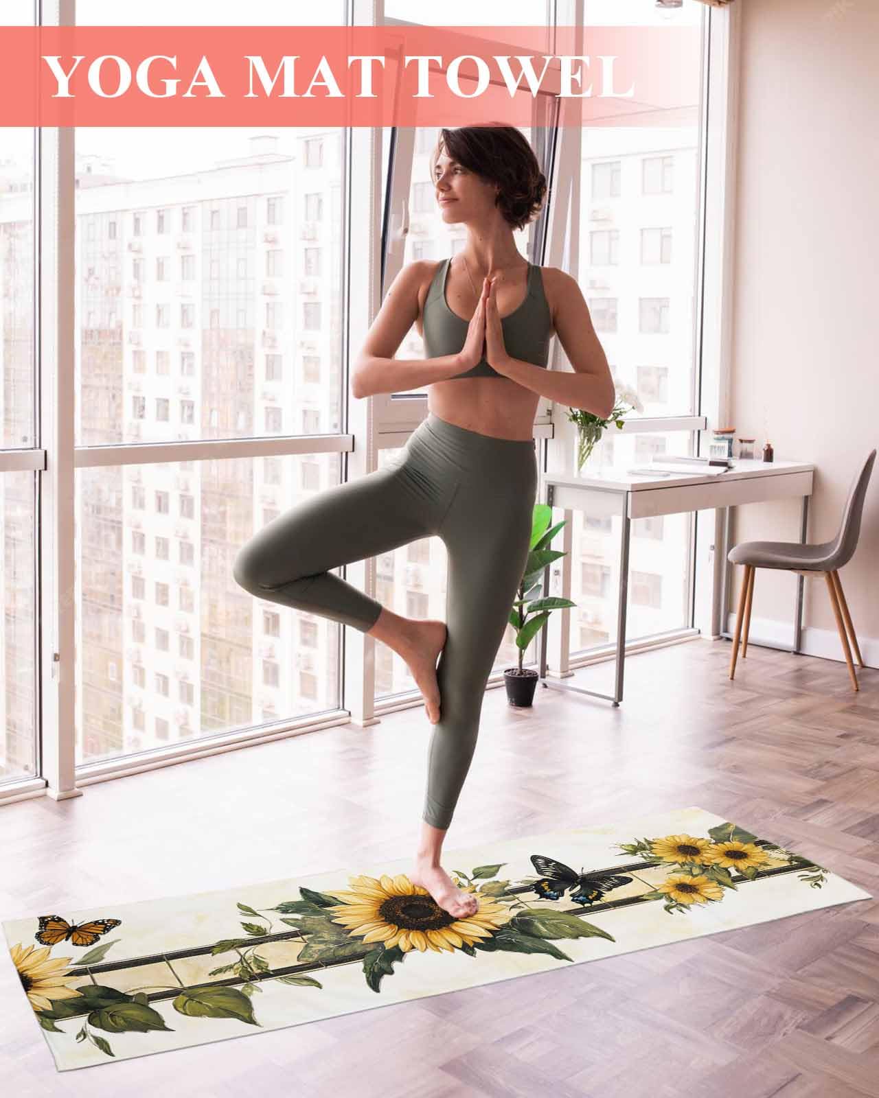 BOSIJOY Yoga Mat Towel,Pastoral Farm Sunflower Butterfly Non Slip Sweat Absorbent Hot Yoga Towels with Corner Pockets,Retro Floral Leaves Plant Soft Microfiber Towel for Pilates Bikram 74