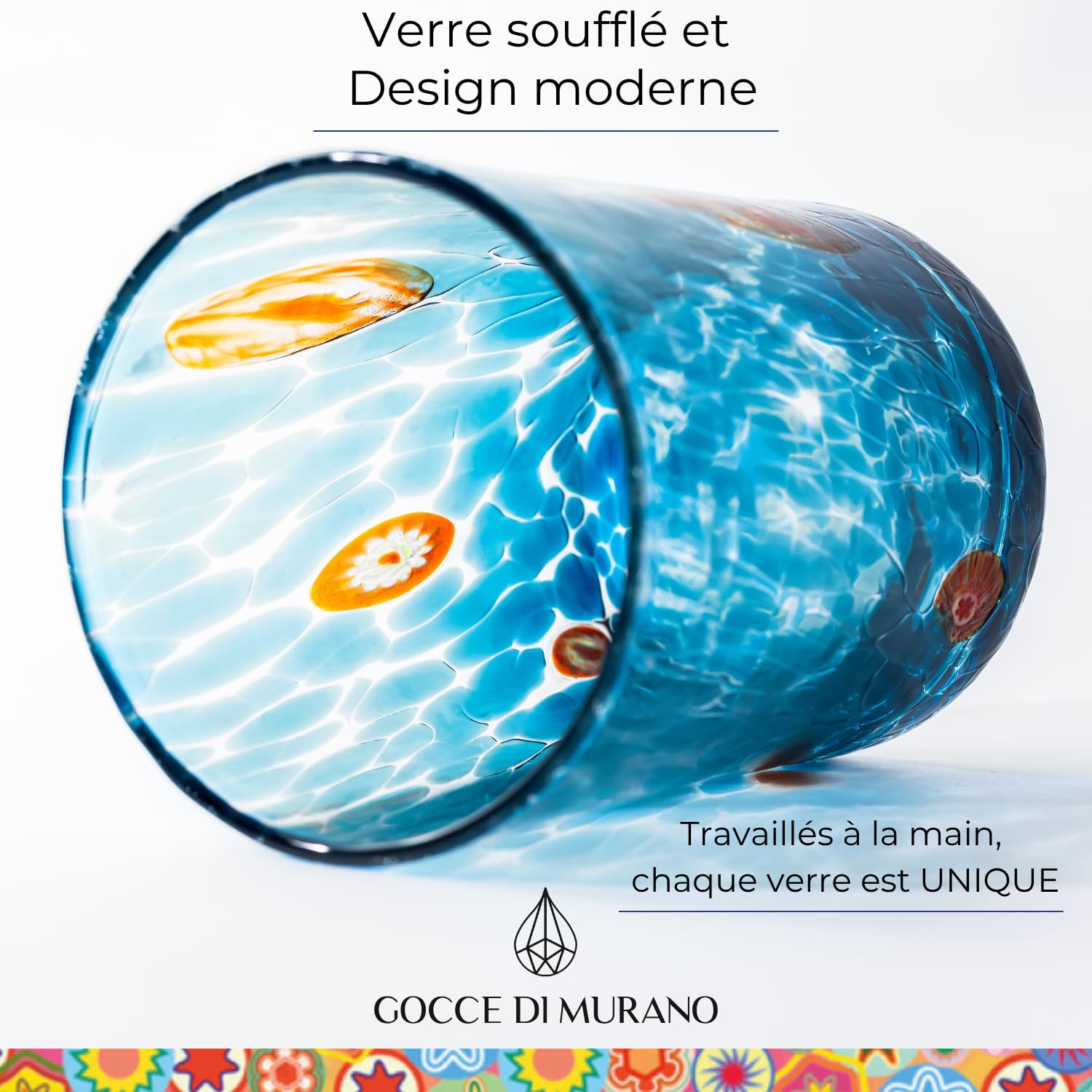 Gocce di Murano Lot de 6 verres à eau fabriqués selon la tradition des artisans de Murano, verre soufflé et travaillé à la main, 300 ml, verres à eau en verre arc-en-ciel pluie