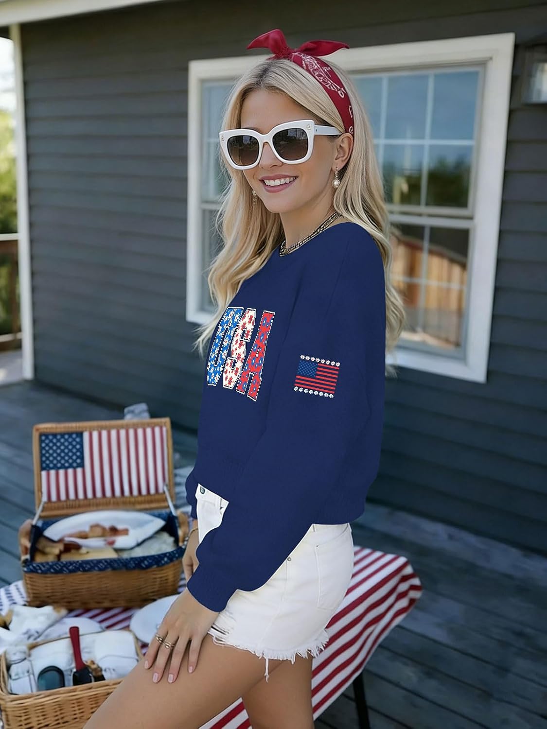 USA Sweatshirt Women Cropped 4th of July Pullover American Flag Crewneck Sweatshirts Patriotic Ribbed Hem Crop Tops