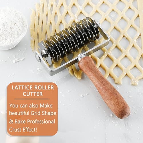 Miniatura 5 de Soporte de rodillos de acero inoxidable para masa de celosía, pastel de galletas, pizza, pan, corteza de pastelería, mango de madera, cortador de