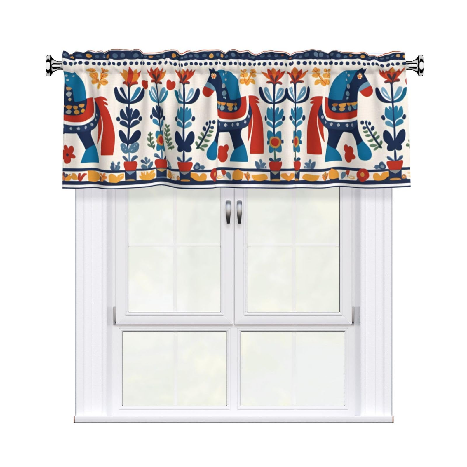 YYHHAOFA Swedish Dala Horse Folk Prints Durable Kitchen Window Layer – 54x18 Inch 100% Polyester Valance with Precision Construction