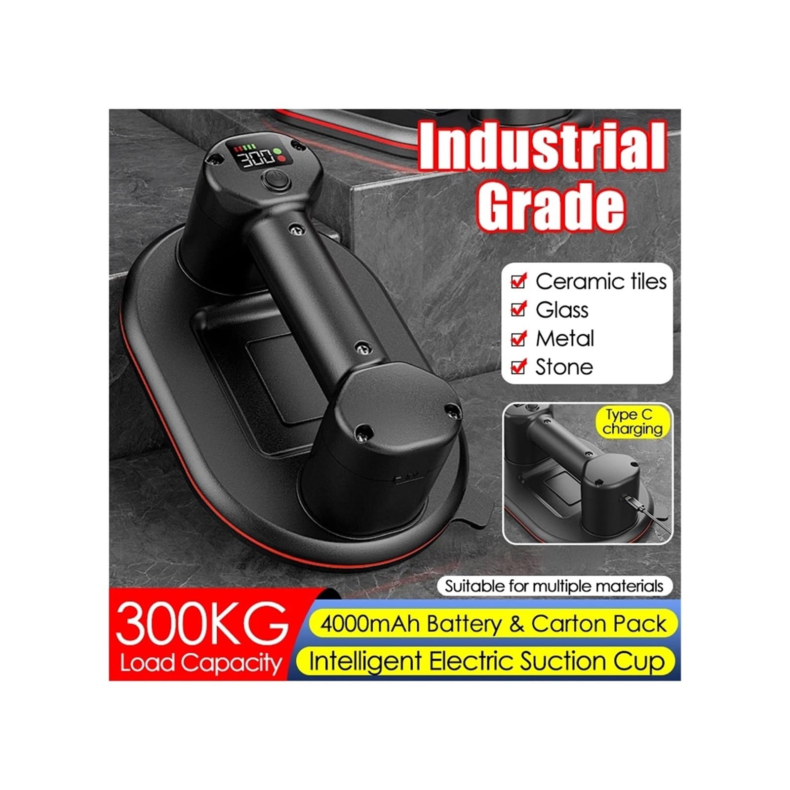 Ventosas, Ventosa De Vacío Eléctrica Industrial Alta Resistencia Con Capacidad Carga 300 Kg For Granito, Baldosas, Vidrio Y Piedra, Batería 4000 MAh
