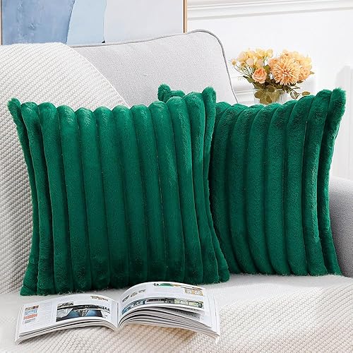 Miniatura 2 de MADIZZ Juego de 2 fundas de cojín decorativas de felpa de lana sintética de 12 x 12 pulgadas, funda de cojín decorativa suave a rayas verdes para
