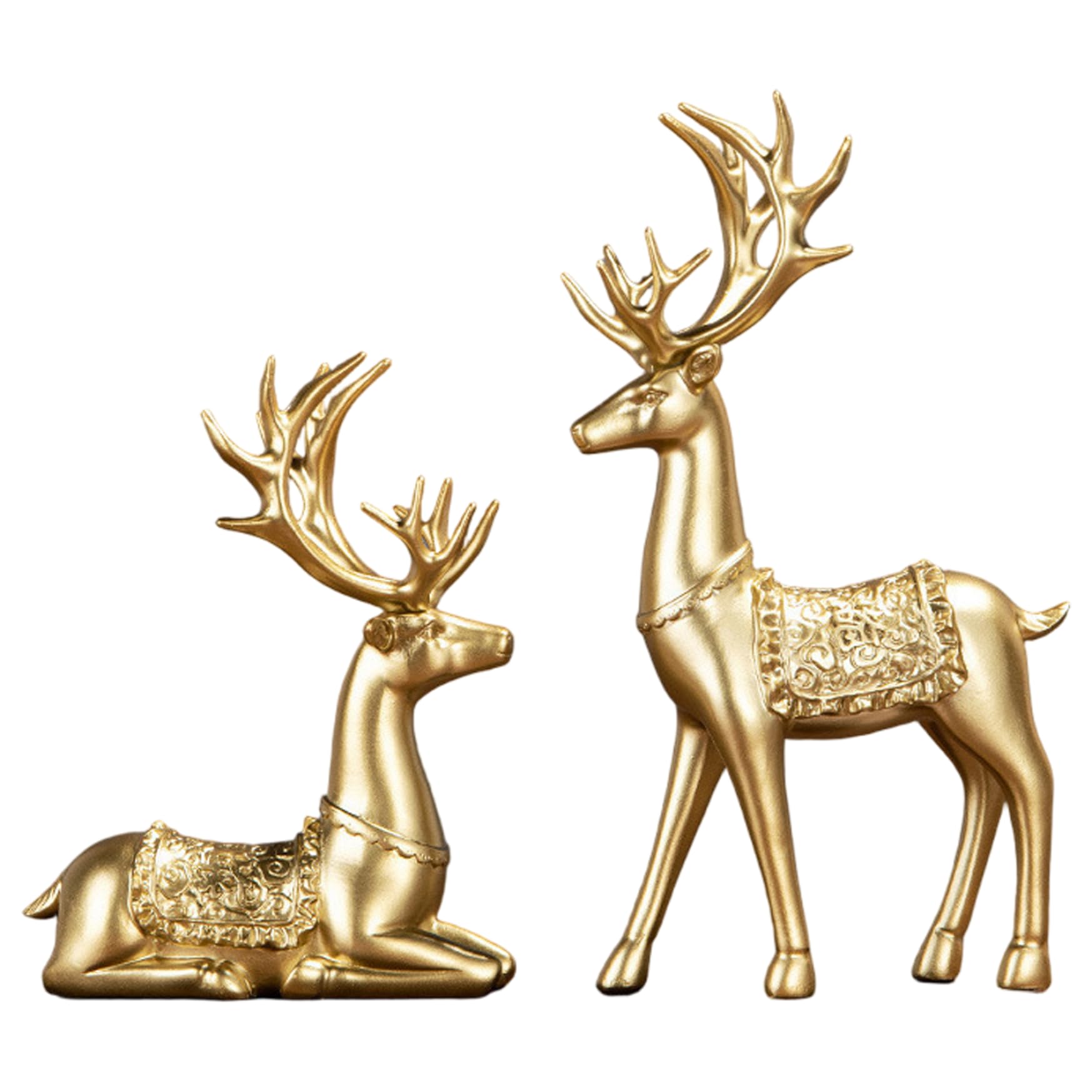 Figuritas de Renos navideños de Resina, estatuas de Ciervos Dorados de Renos navideños sentados y de pie para decoración del hogar, Sala de Estar y Oficina, 2 uds.