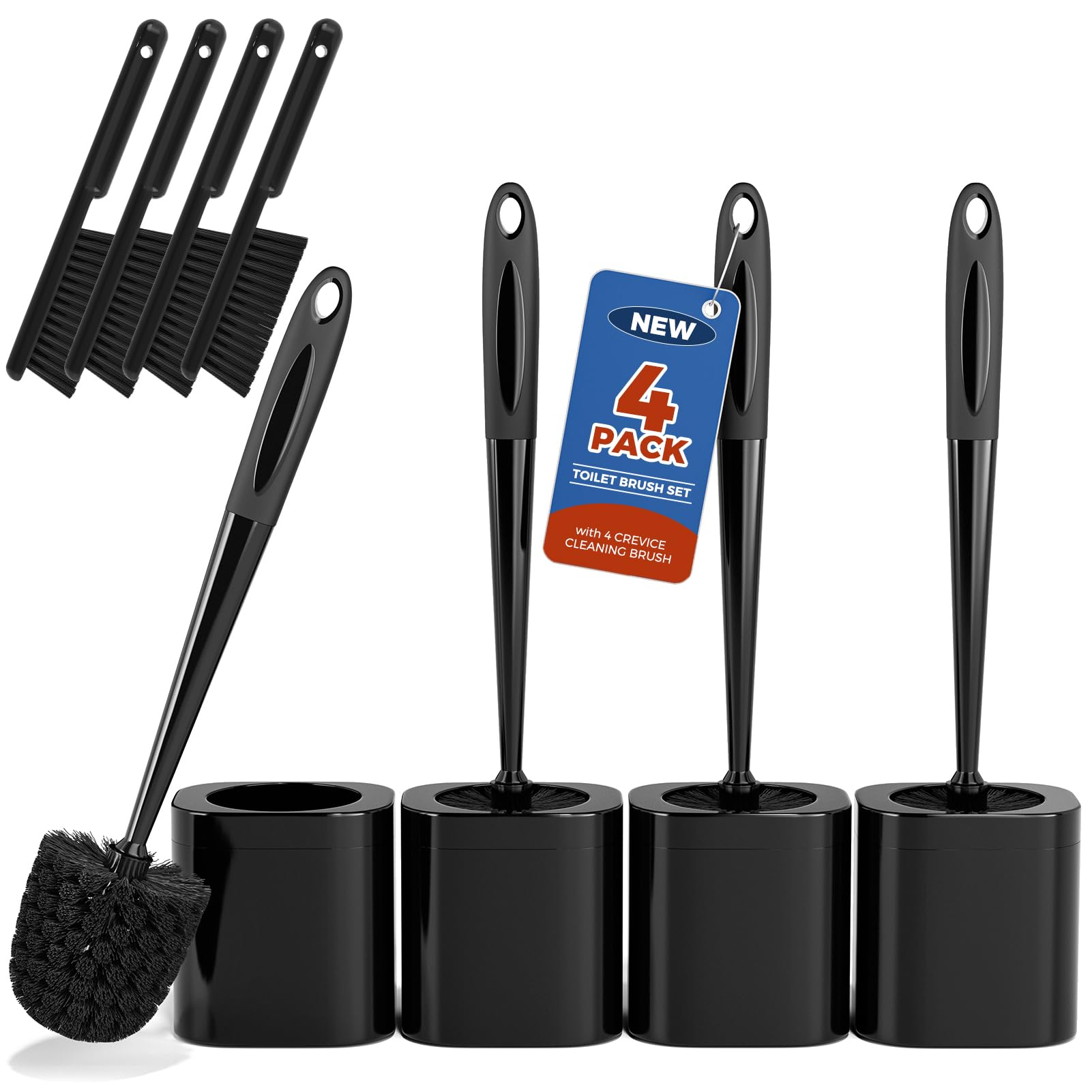 Holaloha WC-Bürste, 4 Pack Toilettenbürste und Halter Set Badezimmerzubehör, Toilettenschüsselbürste und Halter mit 4 Fugendüse für Badezimmer, WC Schrubber Bürste, Schwarz