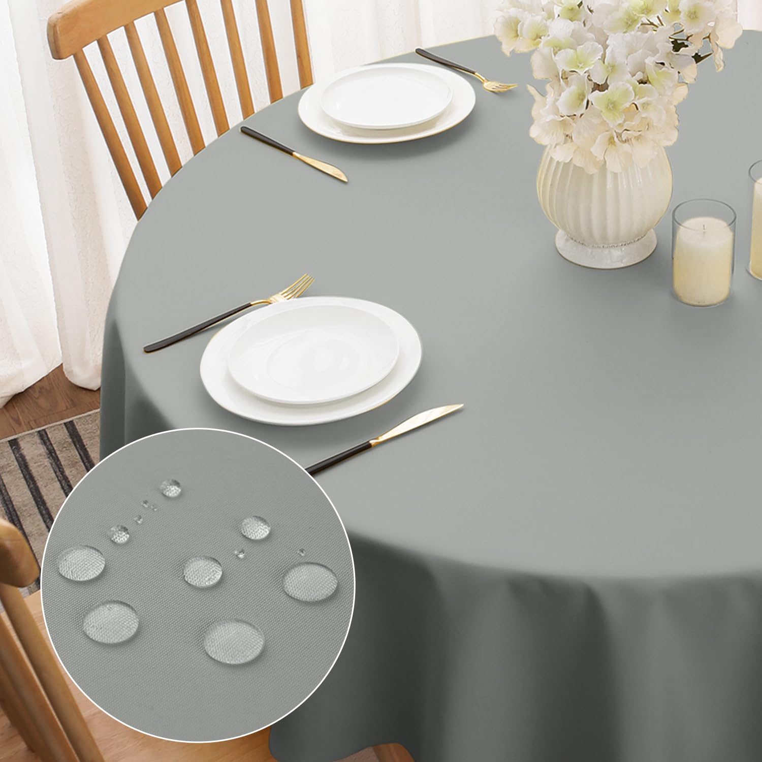 Softalker Mantel Exterior Impermeabl Manteles Mesa Gris Redondo 160 cm de Diámetro Antimanchas de 210 gsm Poliéster Protector de Mesa Comedor Decoracion Otoño Jardín Cumpleaños Navidad Fiesta,1 Pieza