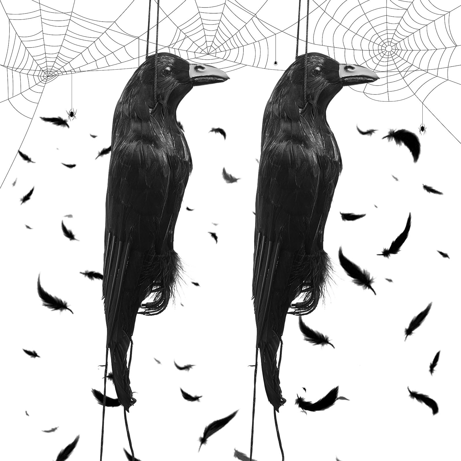 Lewtemi 2 Pcs 17 Inch Realistic Hanging Dead Crows Decoy Life Size Black Feathered Crow Fake Black Crows for Garden Decorations