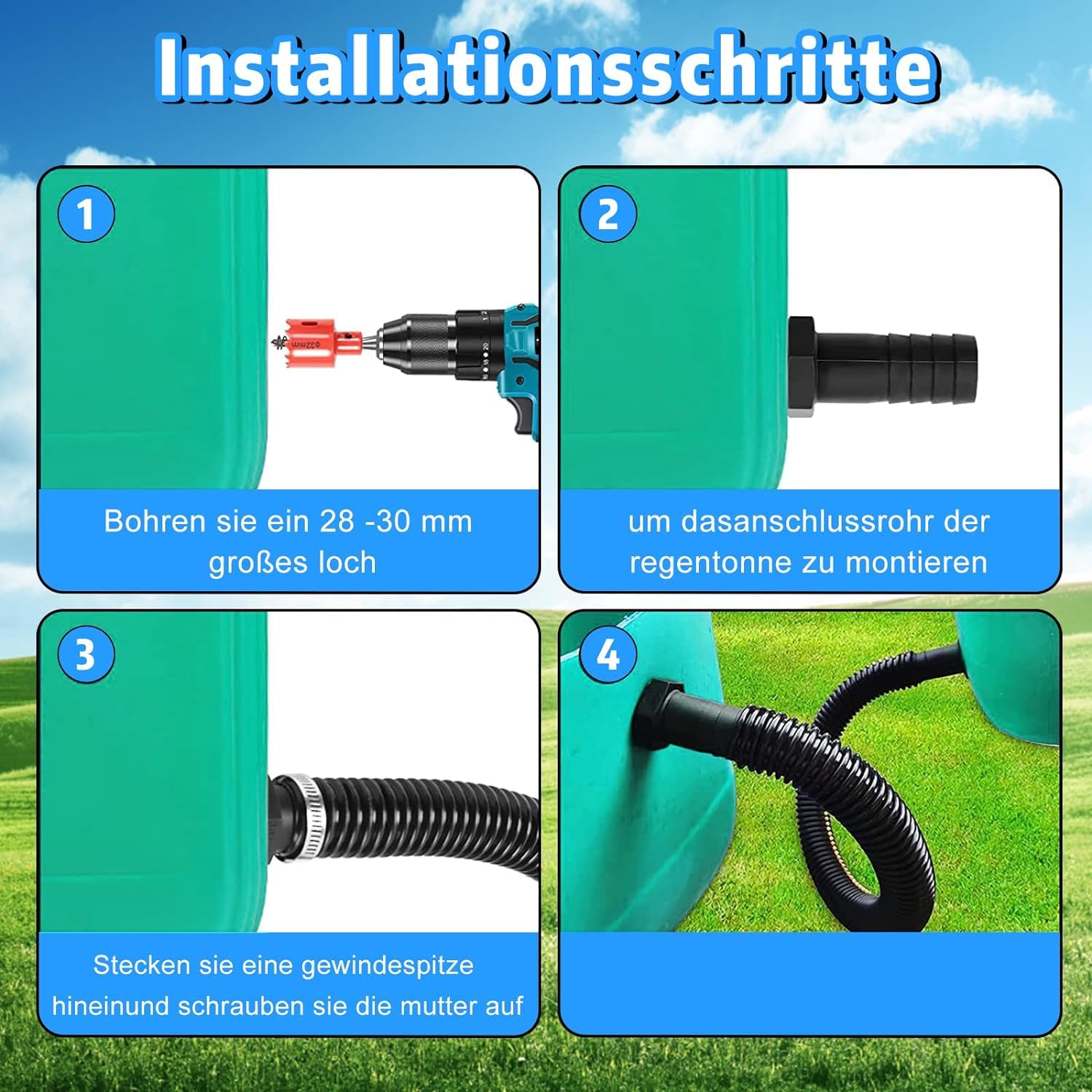 Kit Connettore Per Barile Di Pioggia 32mm - Collegamento Tubo Con Dado E Apriforo