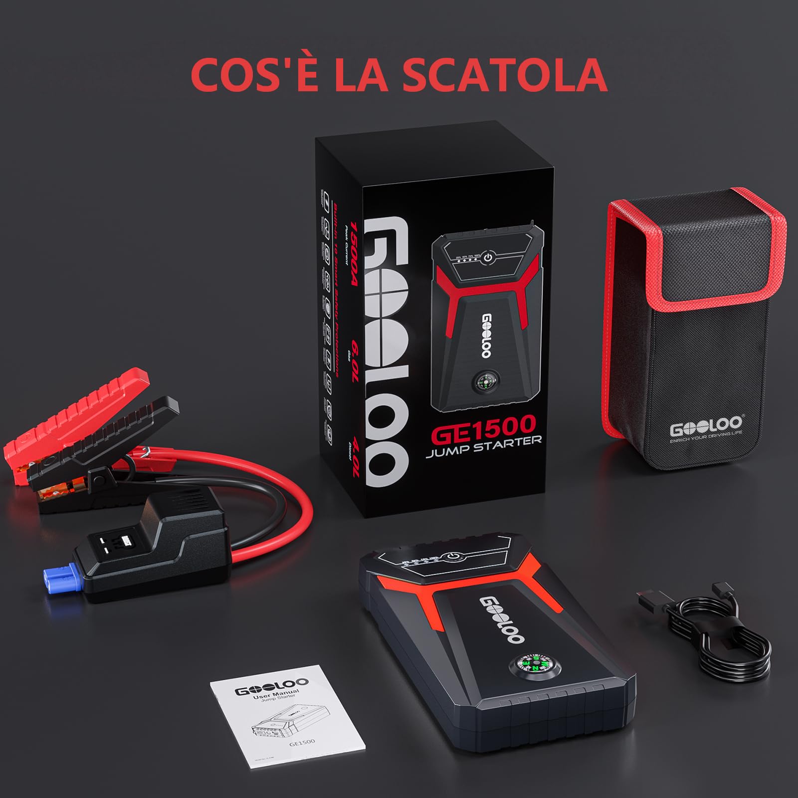 GOOLOO 1500A Avviatore di Emergenza per Auto, Supersafe 12 V Portatile Avviatore Batteria Auto, Cavo di Avviamento Intelligente, Adatto per Benzina da 6 L e Diesel da 4 L