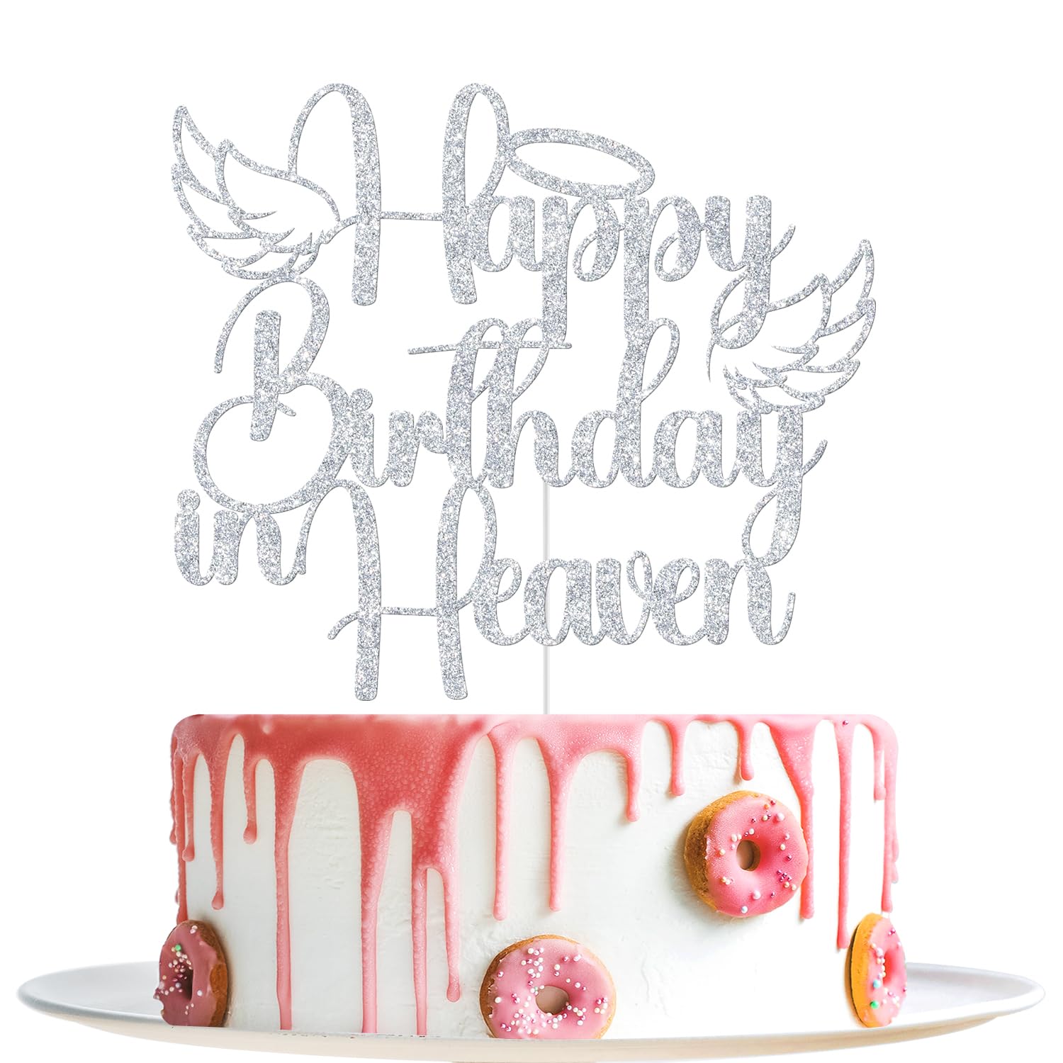 Happy Birthday in Heaven 케이크 토퍼, 천국 천사 날개 축하 파티 장식, 행복한 천국 생일 기념일, 장례식 기념 파티 용품 (실버 글리터)
