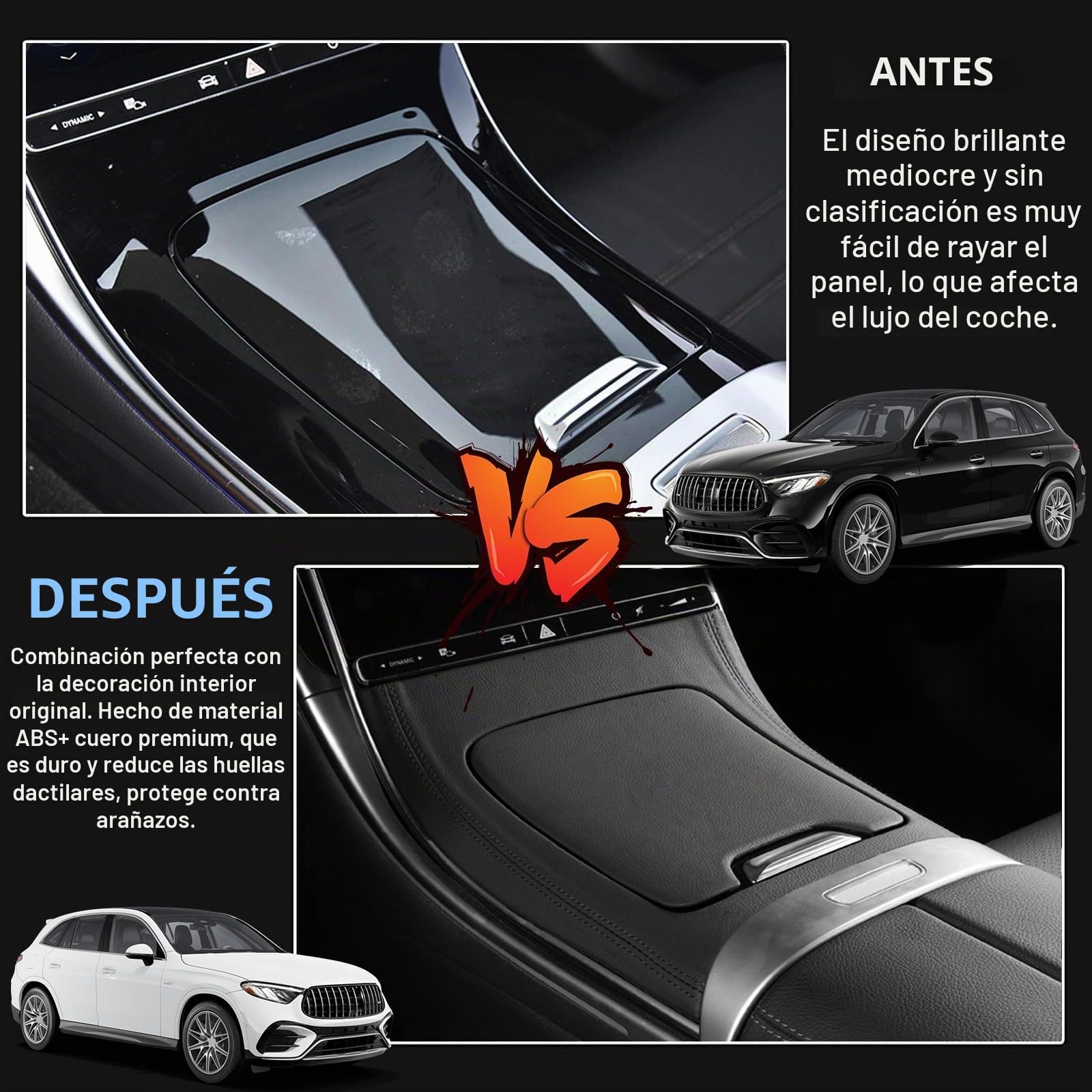 Adhesivo de Cuero para Panel de Consola Central Kit de cubierta de Decoración para Mercedes-Benz GLC Class X254 GLC260 GLC300 GLC300e AMG GLC 43 Coupe 2023 2024 Interiores Accesorios(Black)