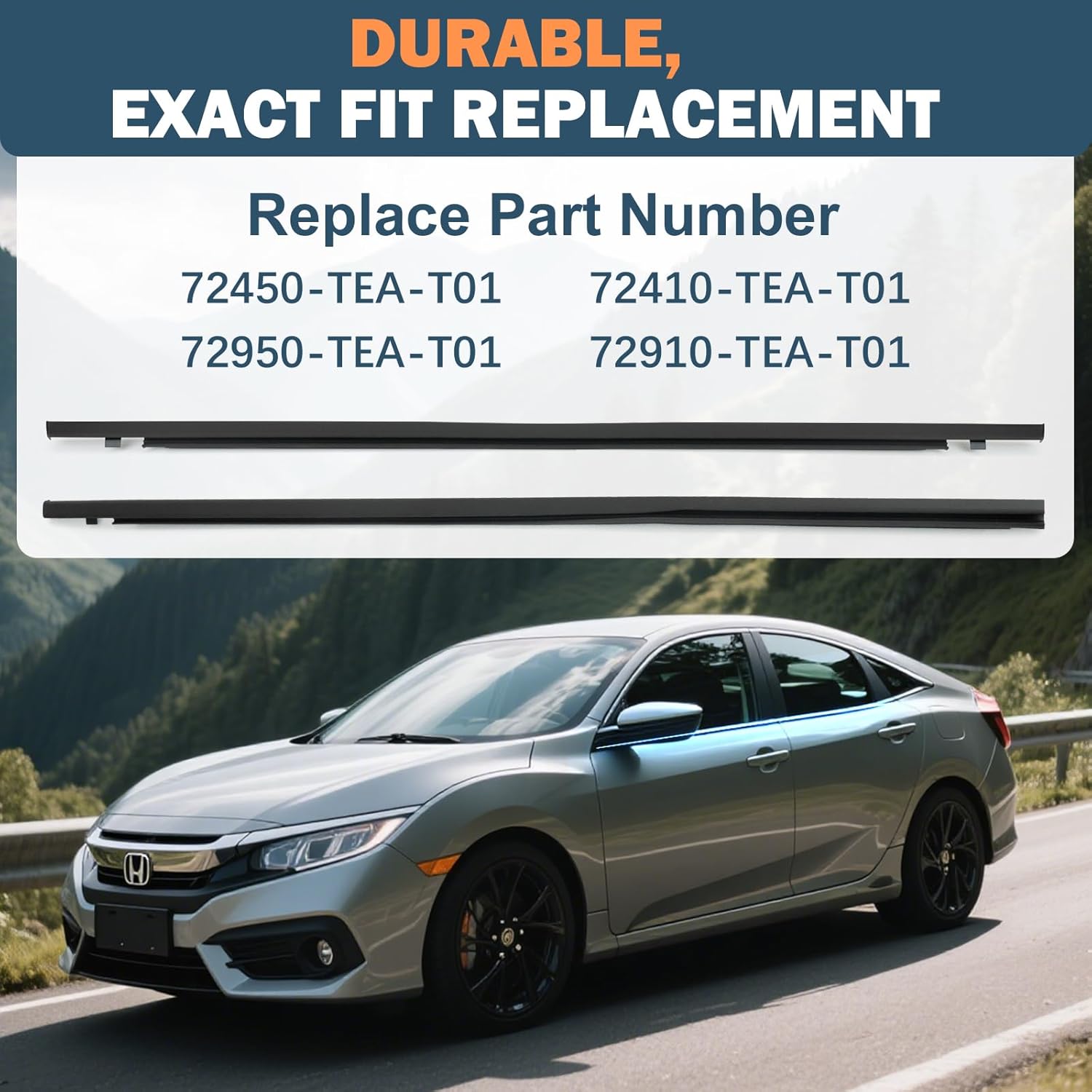 4PCS Window Weather Stripping for Honda Civic 2016-2021 4-Door Sedan - Replaces 72450-TEA-T01 72410-TEA-T01 72950-TEA-T01 72910-T01 | Stop Wind Noise & Rain Leaks | Snap-in Trim Molding