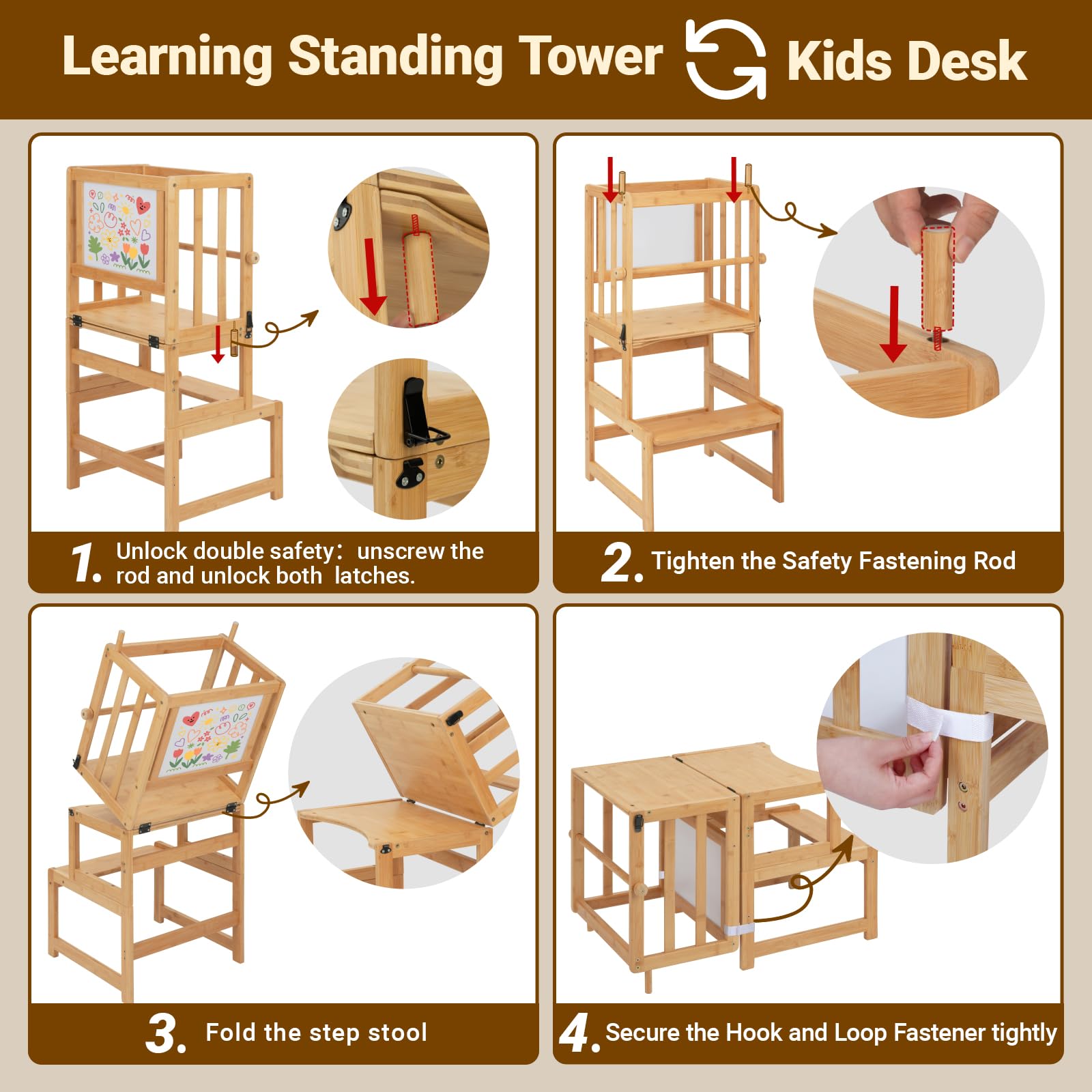 COSYLAND Montessori Lernturm ab 1 Jahr klappbar | 3 in 1 Learning Tower & Lernstuhl Kinder ab 1 Jahr | Klappbarer Montessori Lernturm mit Tafel für Küche, Tisch & Bad, Toddler Tower