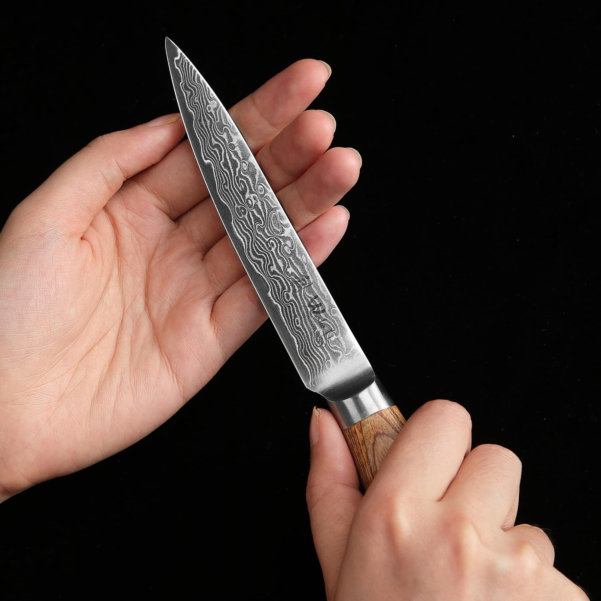 WAKOLI EDIB PRO Couteau Universel en Damas, 12 cm, Manche en Bois de Pakka | couteau de cuisine professionnel, lame en acier Damas à 67 couches avec noyau VG10, pour fruits, légumes, viande et poisson