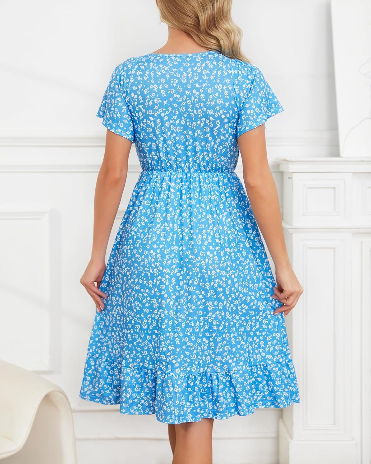 Domee Maternity Dress Floral Print V-Neck Midi A-Line Shirred Short Sleeves Ruffled Flowy Summer Boho Baby Shower Photoshoot - Image 2