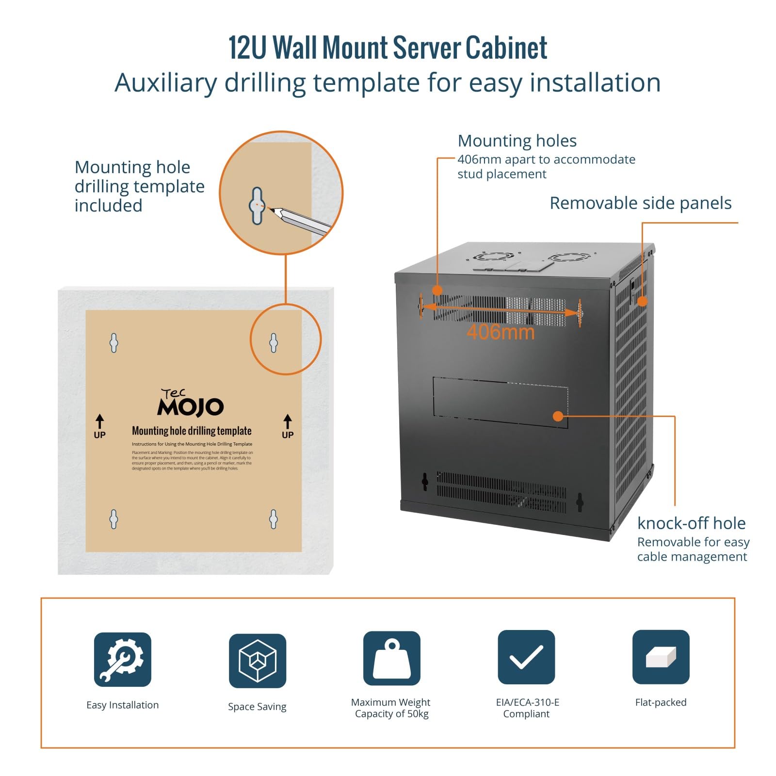 Tecmojo Armadio di Rete 19 Pollici 12U Server a Parete Profondità 450mm Rack IT Porta Forata Nero