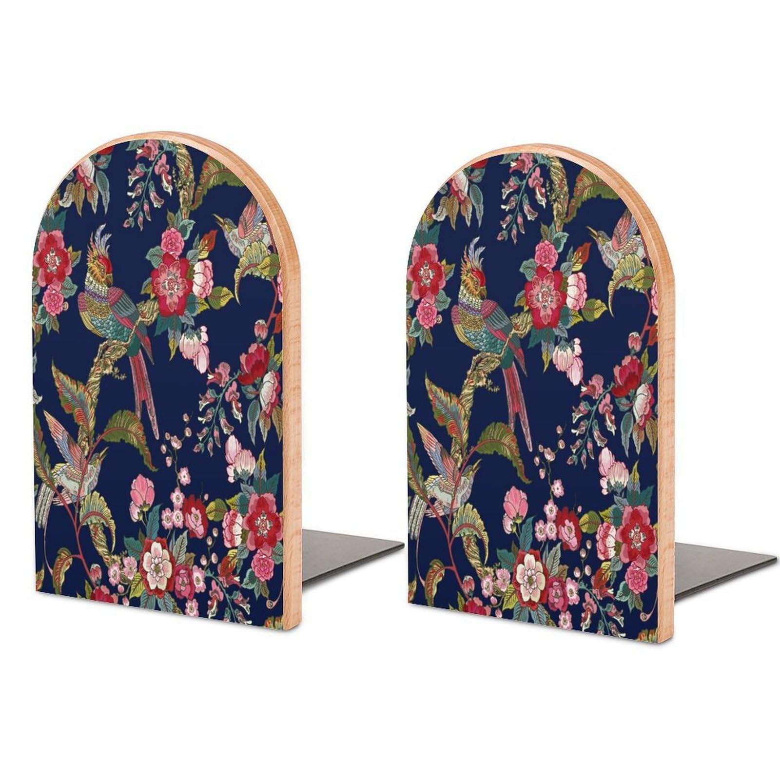 Seamless Pattern with Garden Parrot Flowers Beech Wood Bookends Heavy Duty Book Organizers Desktop File Holder for Office Home Bookshelf