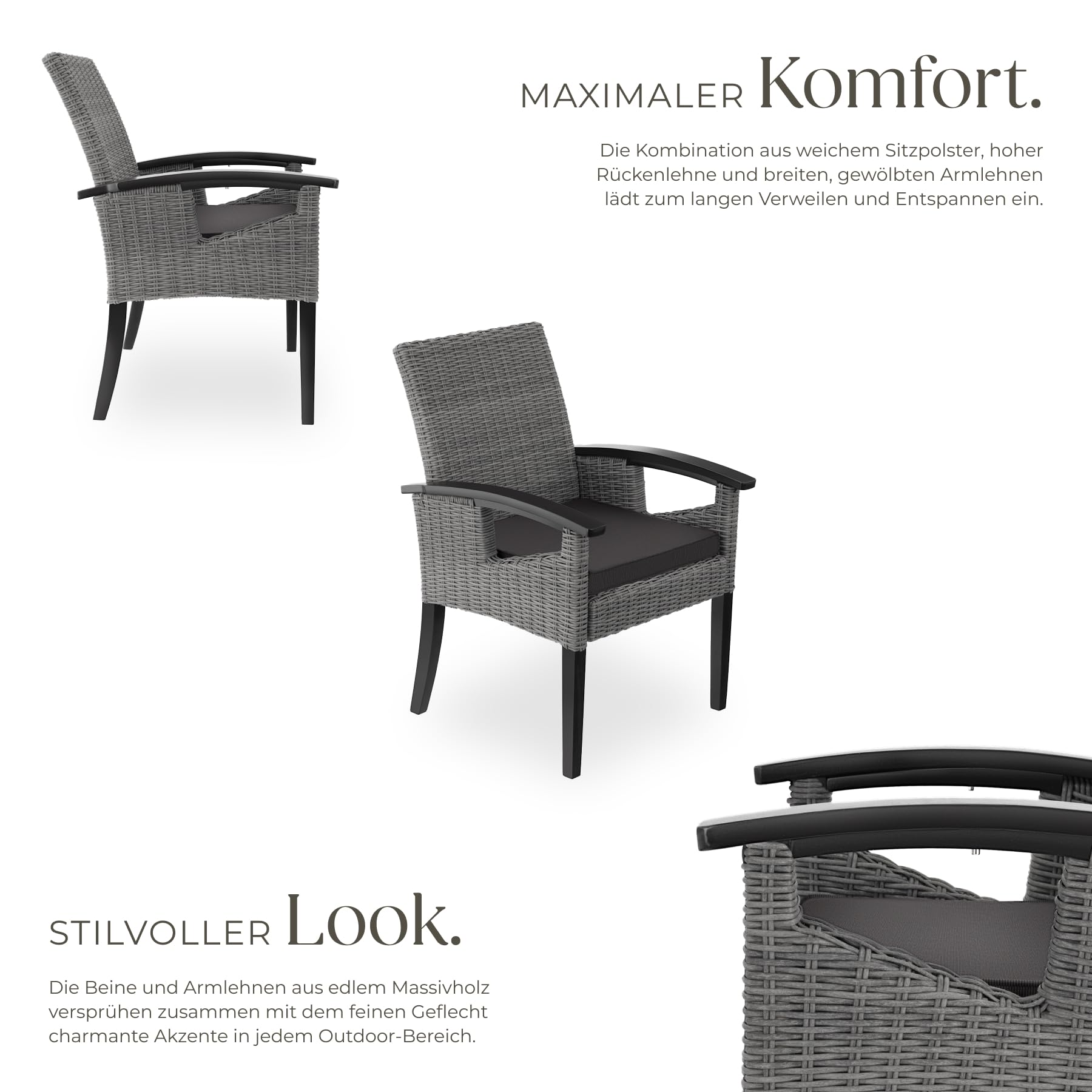 tectake® Rattan Geflecht Stuhl mit Armlehne, Möbel wetterfest für Garten, Terrasse und Balkon, Outdoor Esszimmerstuhl, Sessel, Balkonmöbel, Gartenmöbel, Gartenstühle - grau