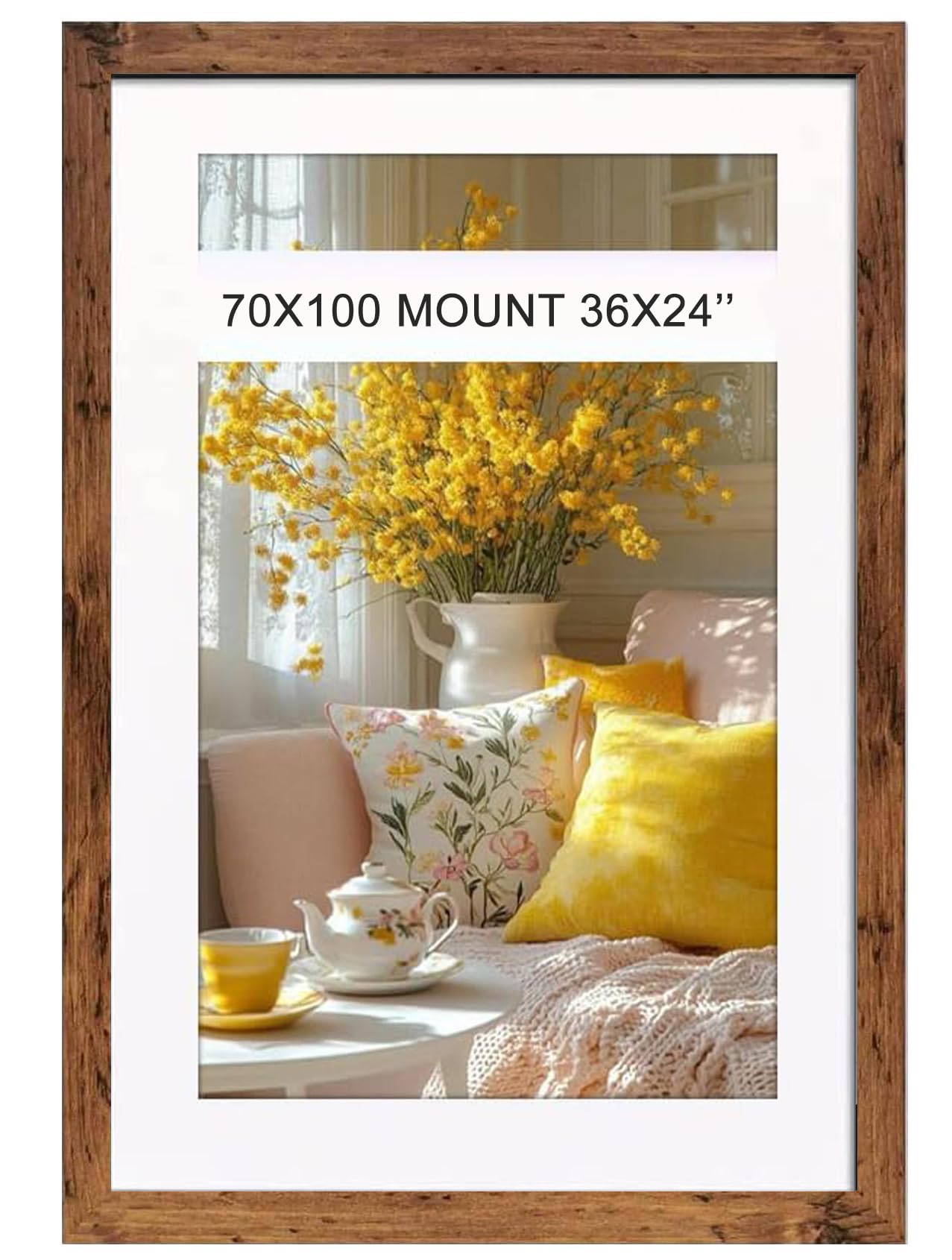 Flat Modern Rustic 70x100 Poster Frame With White Mount 36x24in Shatter-Proof Acrylic Portrait & Landscape Wall Hanging Picture Frame