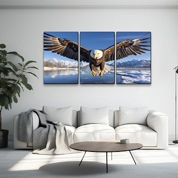 Wewejia Winter Animal Canvas Wall Art for Wall Decor - Snow Eagle Flying Painting HD Giclee Artwork Printed on Canvas Ready to Hang 36x46x3pcs (90x116cmx3pcs)