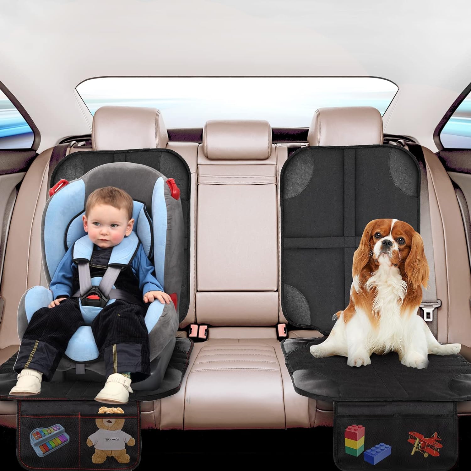 AiQInu Protezione Sedile Auto, 2Pcs Protezioni Per Seggiolino Auto Impermeabile Antiscivolo per Bambini Compatibile con 2 Tasche Portaoggetti per Suv,Berlina,Seggiolino Auto in Pelle E Tessuto