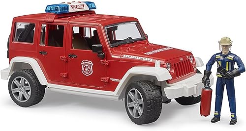 Bruder Jeep Rubicon - Vehículo de rescate de bomberos con sonidos electrónicos de sirena de emergencia y figura de bombero