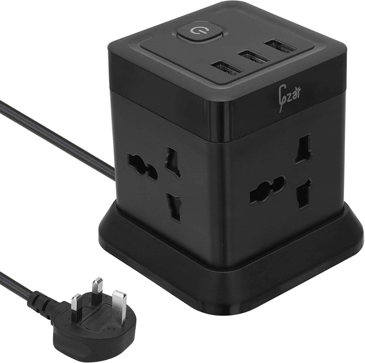 Gzar Cube Power Strip Tower, 4 Outlet Plug Sockets & 3 USB Ports, 1.5M Extension Cord, Surge Protector, Compact Portable Multi Charging Station for Home, Office, Travel – Black