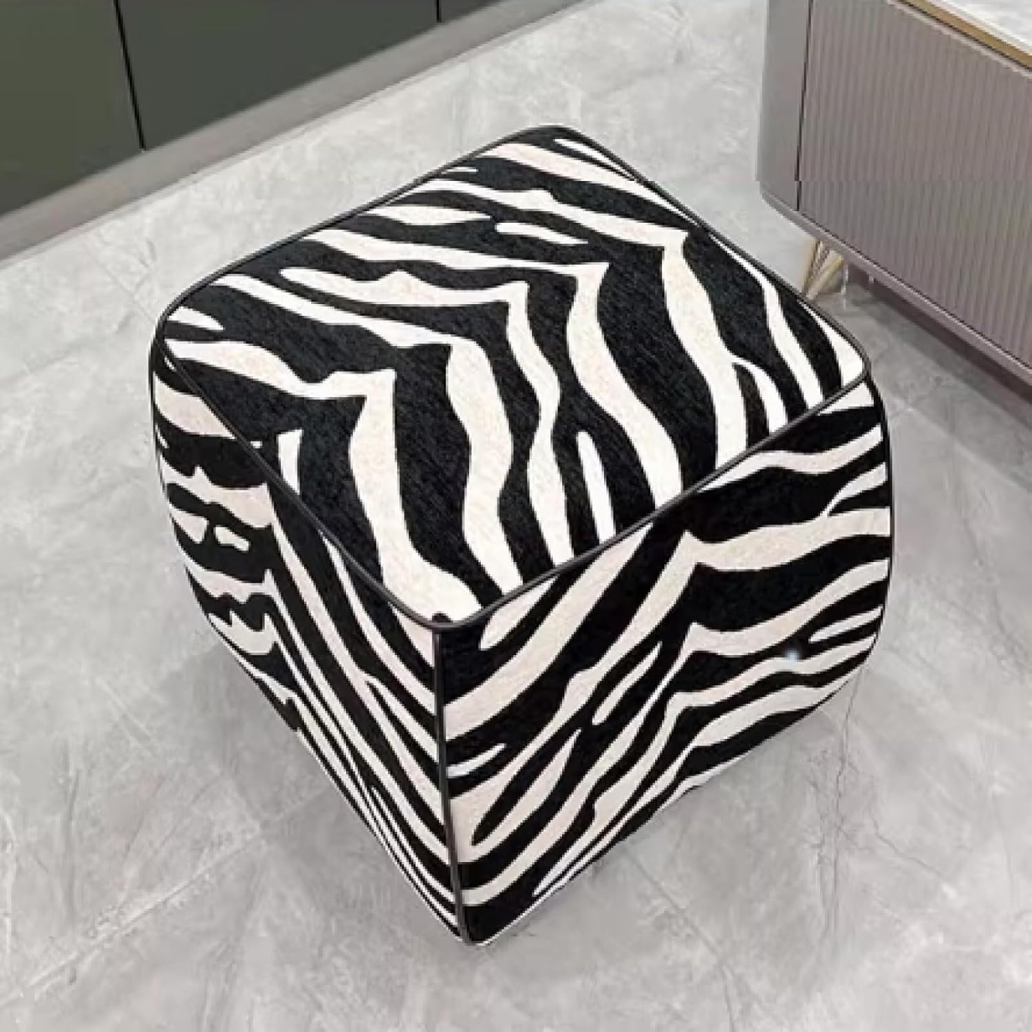 Square Wood Footstool Ottoman with Zebra Print, Chenille Upholstered Sofa Bench, Shoe Changing Stool, Extra Seating for Living Room, Bedroom, Office(17.7 * 17.7 * 13.8inch)