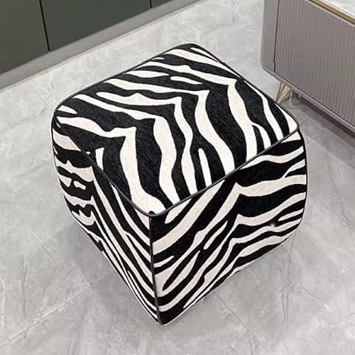 Square Wood Footstool Ottoman with Zebra Print, Chenille Upholstered Sofa