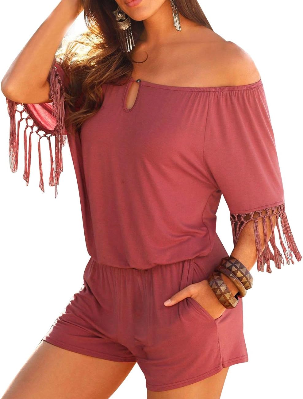 Sexyshine Women's Strapless Off Shoulder Solid Rompers Summer Tassel Short Sleeve Beachwear Short Pant Rompers Jumpsuits