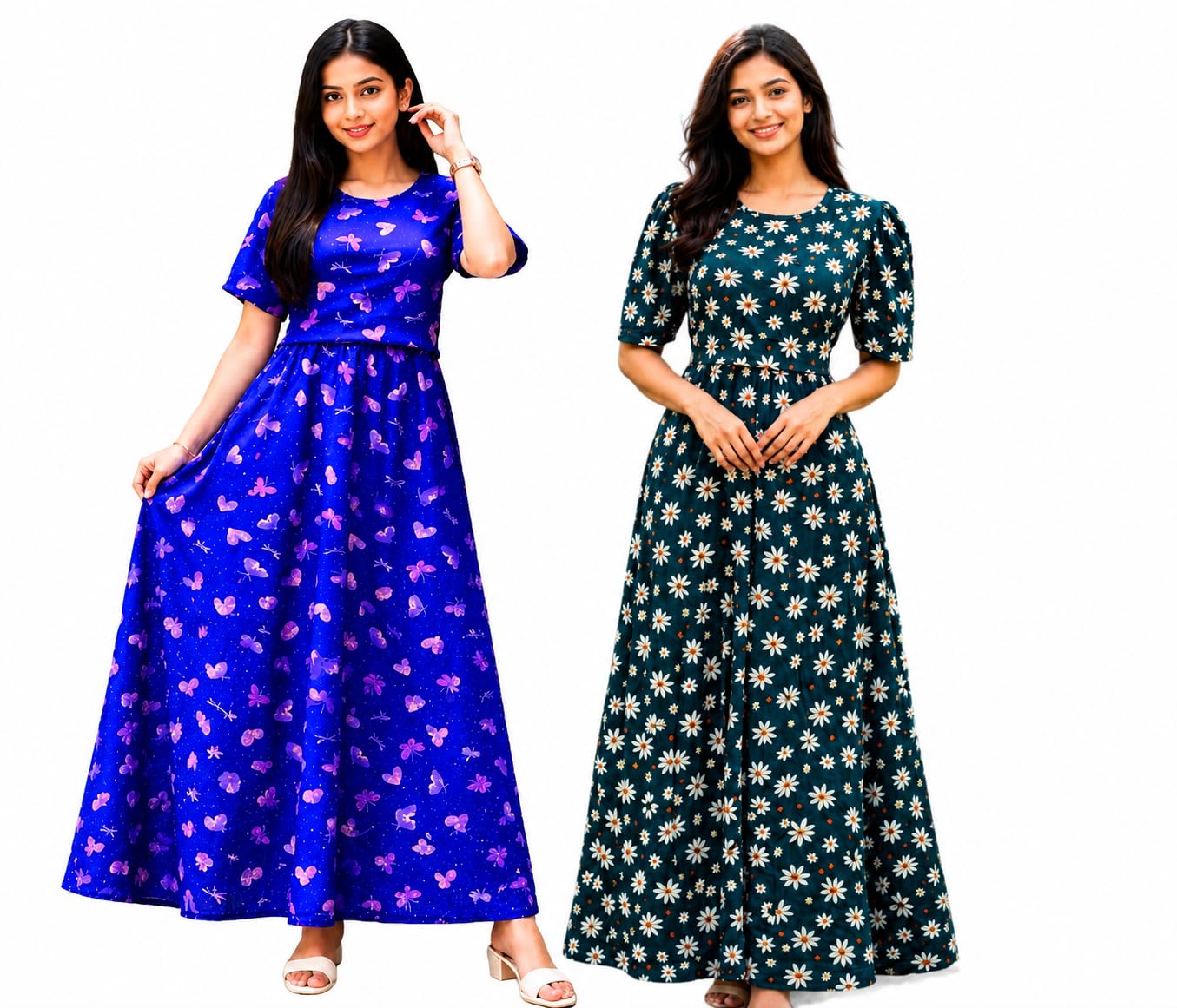 RENIS.Store Women's 100% Cotton Zipless Feeding Maternity Nighty Pack of 2 | Pull Up Nursing Night Dress | Soft Pregnancy & Feeding Wear | Blue(Pink Butterfly) & Green (White Flower) XXL-Size-picture-39