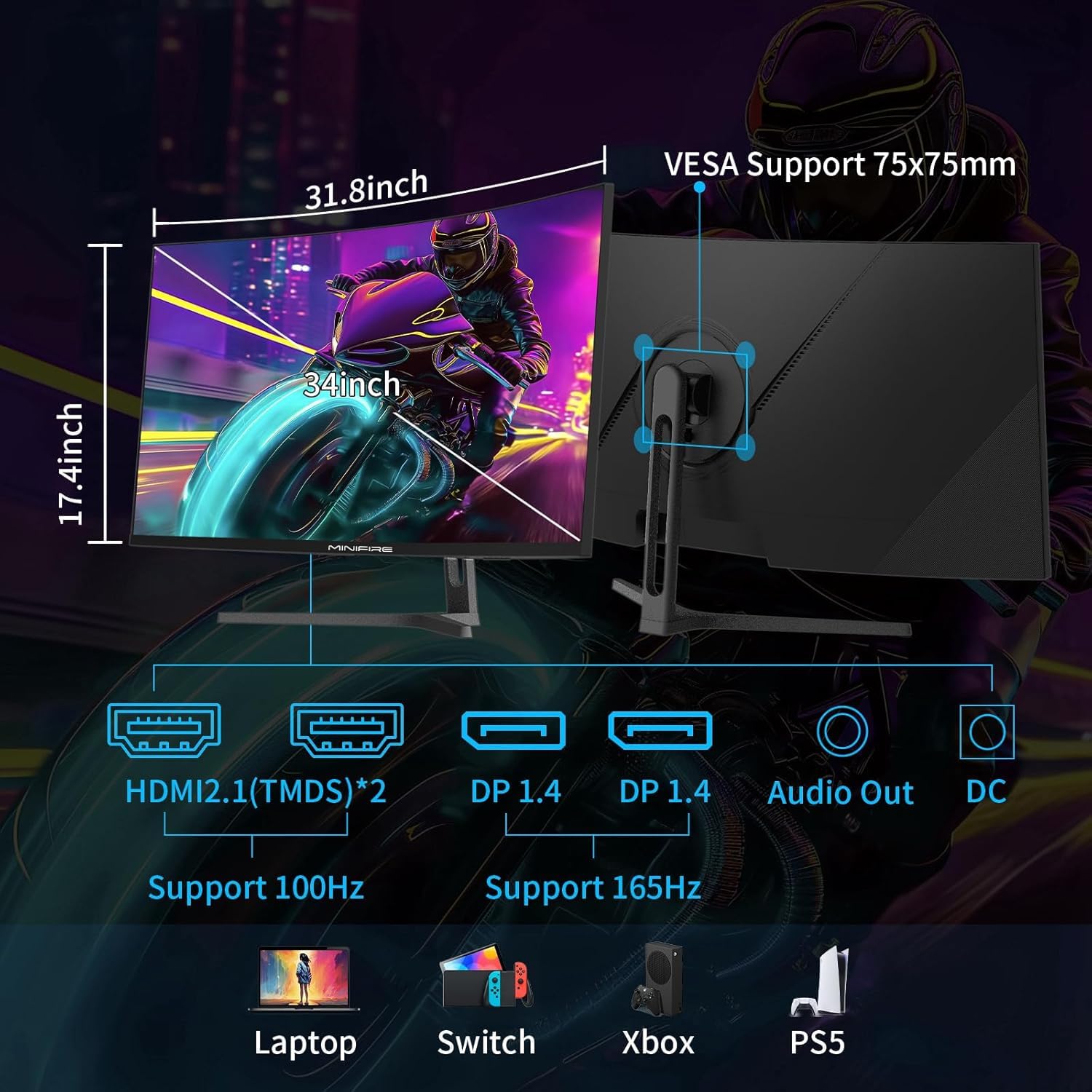 Minifire 34 Zoll UWQHD Curved Gaming Monitor 165Hz 3440x1440 1500R 1ms VA Panel HDR FreeSync