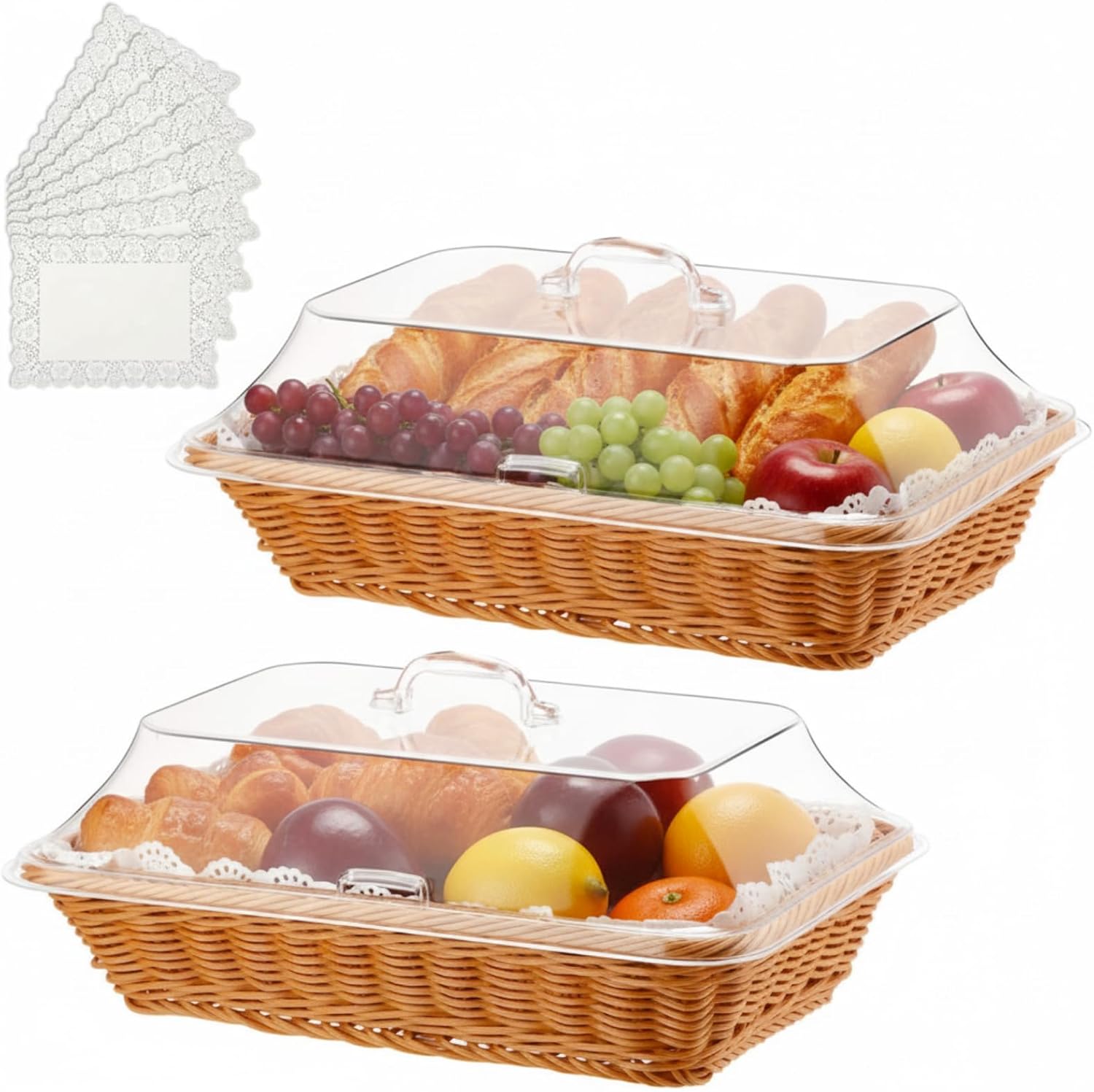 Mumufy 2 Packs Bread Baskets for Serving with Lid 15.75x11.81x2.95inch and 50 Pcs Food Blotting Sheets 17.72x12.60inch Imitation Rattan Bread Basket Fruit Food Storage Basket for Baker Gift Easter