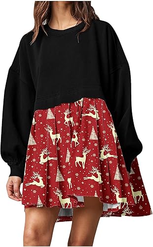 Vestidos casuales de Navidad para mujer 2023 2024, estampado de moda, manga larga, fruncido, vestido de retazos