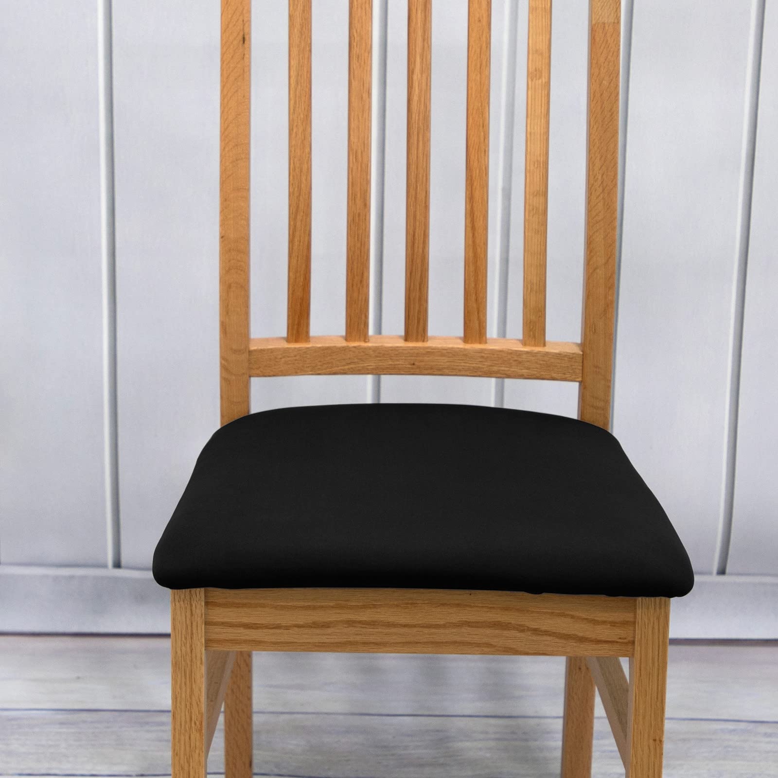 Universelle Esszimmerstuhl-Sitzbezüge mit Bändern, einfarbig, Set mit 1, 2, 4 oder 6 Stück, elastische Stretch-Stuhlbezüge, rutschfeste Schutzhülle für Küche und Büro (schwarz, 6er-Pack)
